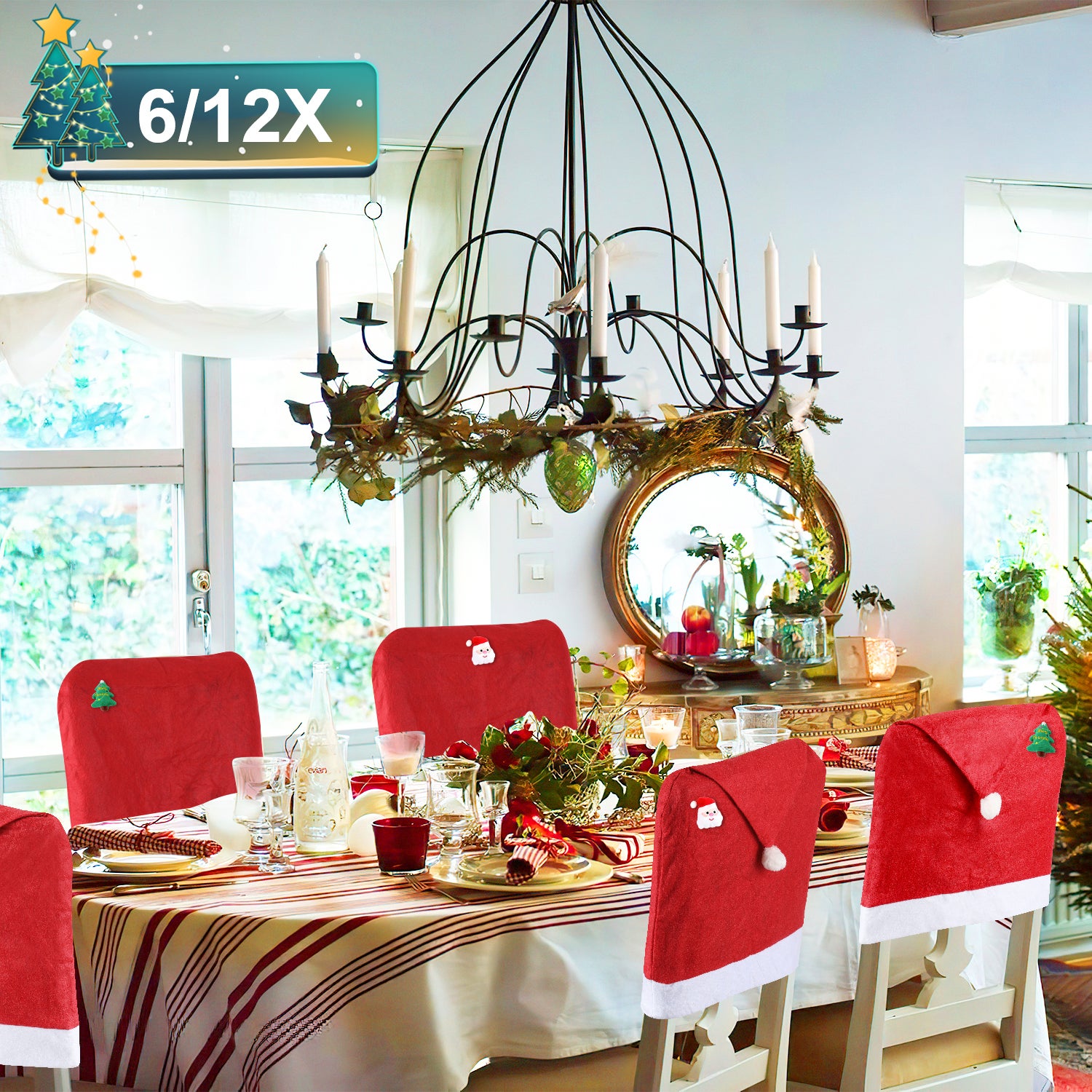 Set 6 Coprisedie Natale Con Tasche Posate, Rosso, Tessuto Non Tessuto, Per Feste E Ristoranti