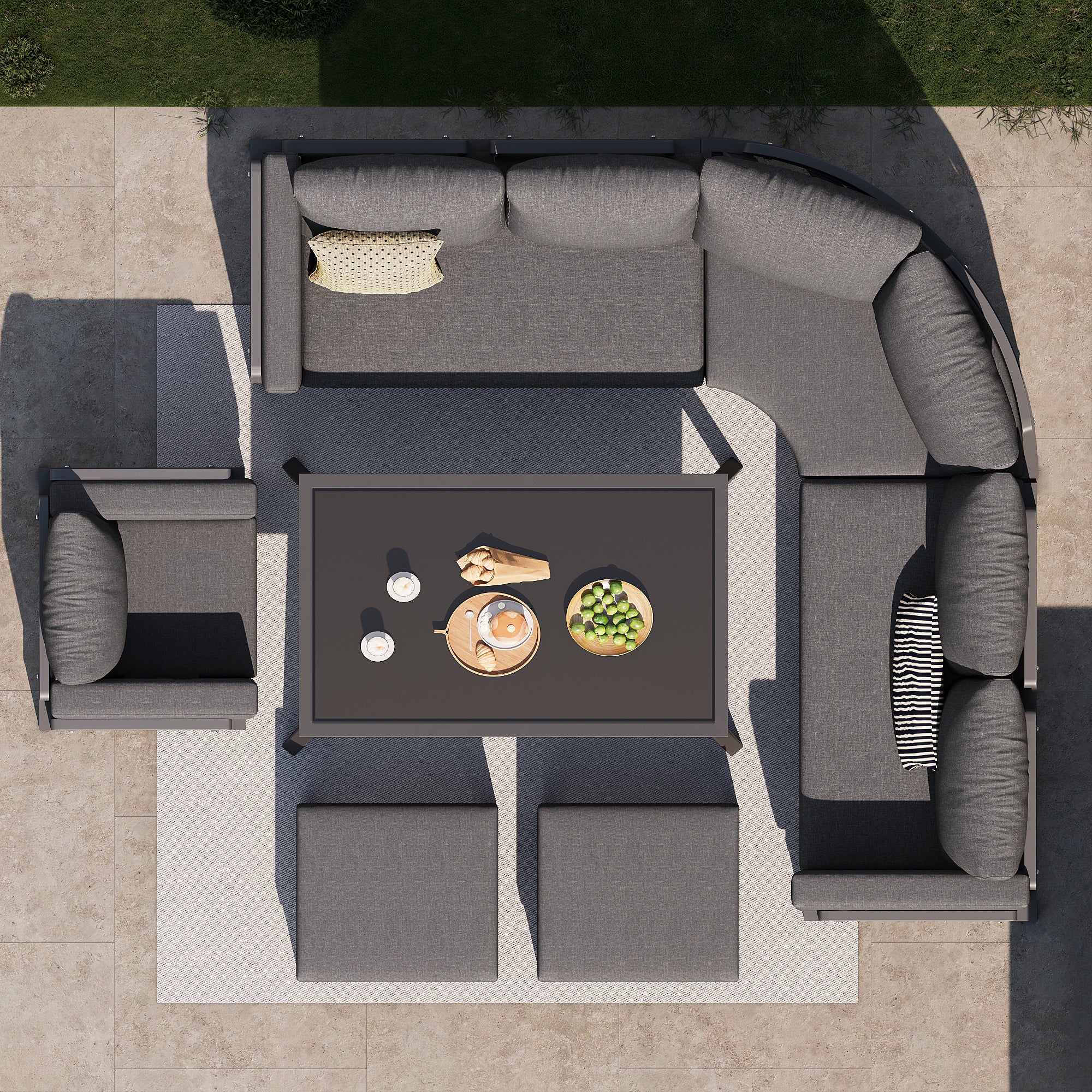 Conjunto Jardín Exterior en Forma de Media Luna para 8 Plazas / Estructura robusta de Hierro+Cojines / Mesa de Cristal+ 1 Sillón+ 2 Taburetes - Gris - 2