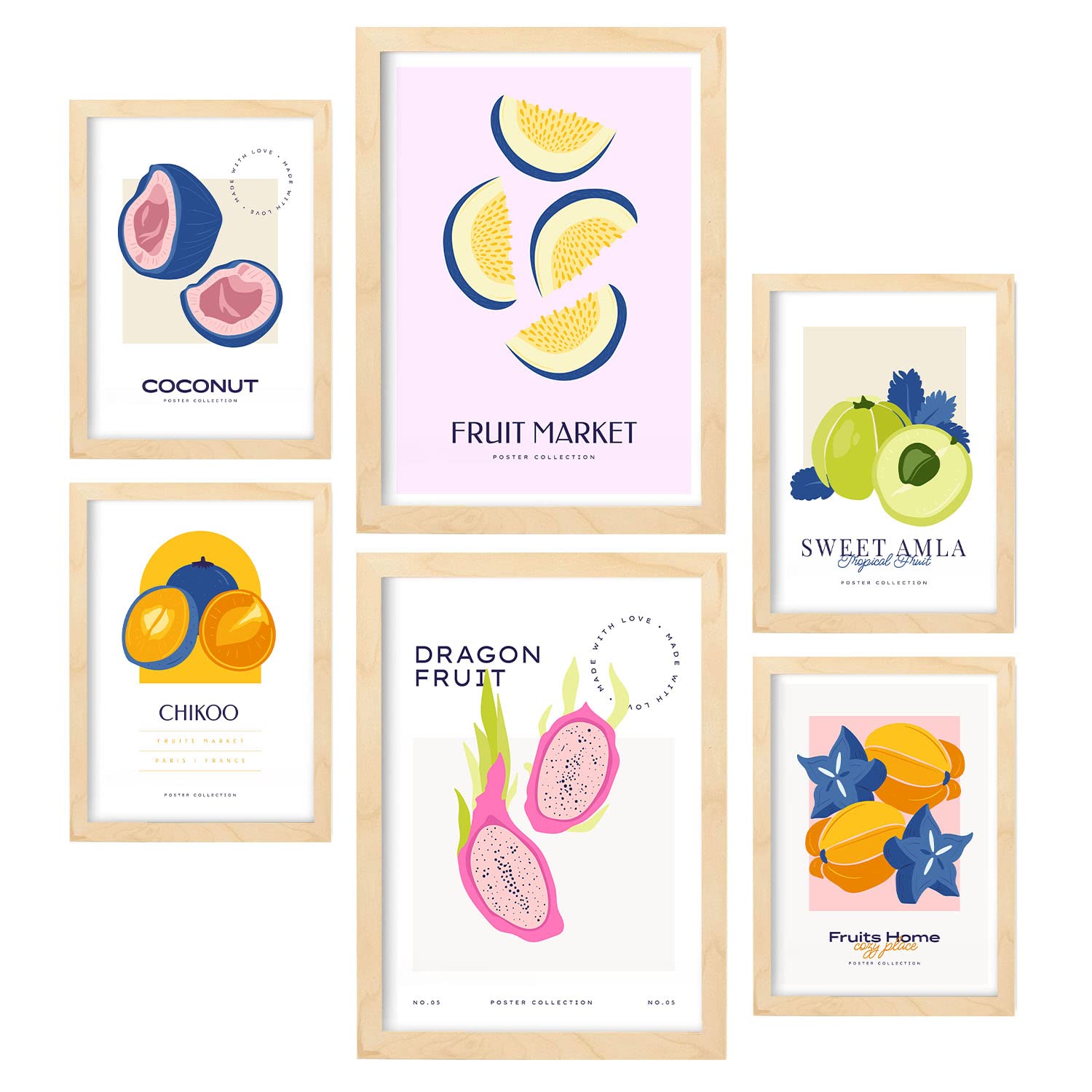 Nacnic set de 6 posters de comida y alimentación frutas raras láminas de naturaleza y nutrición para el diseño y tamaños a3 & a4 marcos color madera