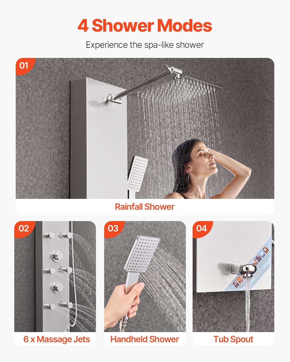 Painel de Chuveiro VEVOR em Aço Inoxidável Escovado, 124 cm, com Efeito Chuva, Alta Pressão, com Ducha de Mão - 3