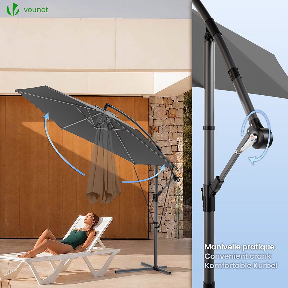 Parasol déporté inclinable 3M avec sangle de fixation et housse de protection Gris - Inclinaison réglable - Rotatif 360° - VOUNOT® - 5