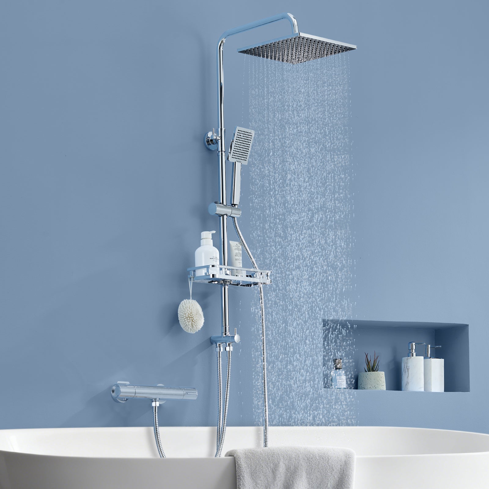 Auralum max Colonne Douche Sans Robinet en Inox Chromée- Ensemble Mural Réglable Avec Pommeau Effet Pluie Carré(25.5*25.5 CM),Douchette/Étagère - 8