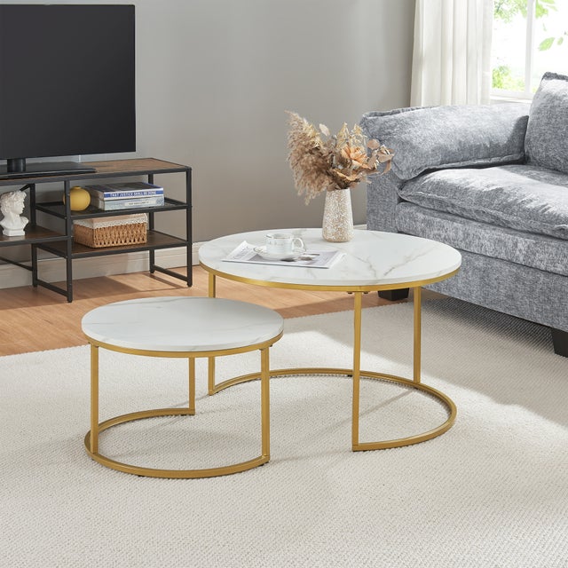 Set de 2 tables basses Christchurch rondes gigognes effet marbre blanc doré [en.casa]
