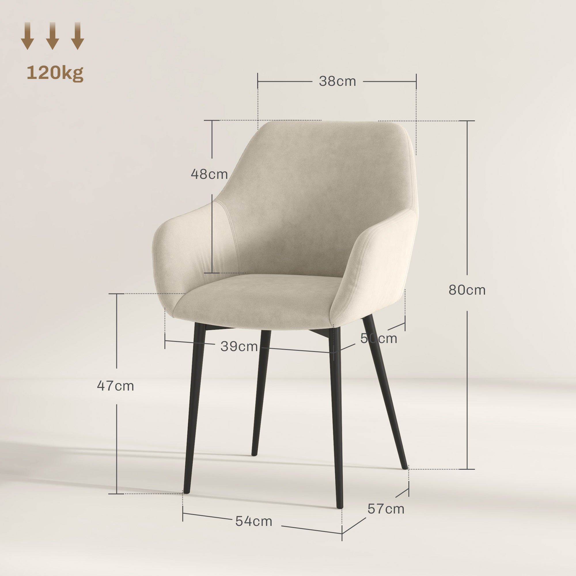 HOMCOM Set 2 Sedie da Pranzo Nordiche Imbottite con Braccioli Ricurvi in Tessuto Effetto Velluto, 54x57x80 cm, Crema - 3