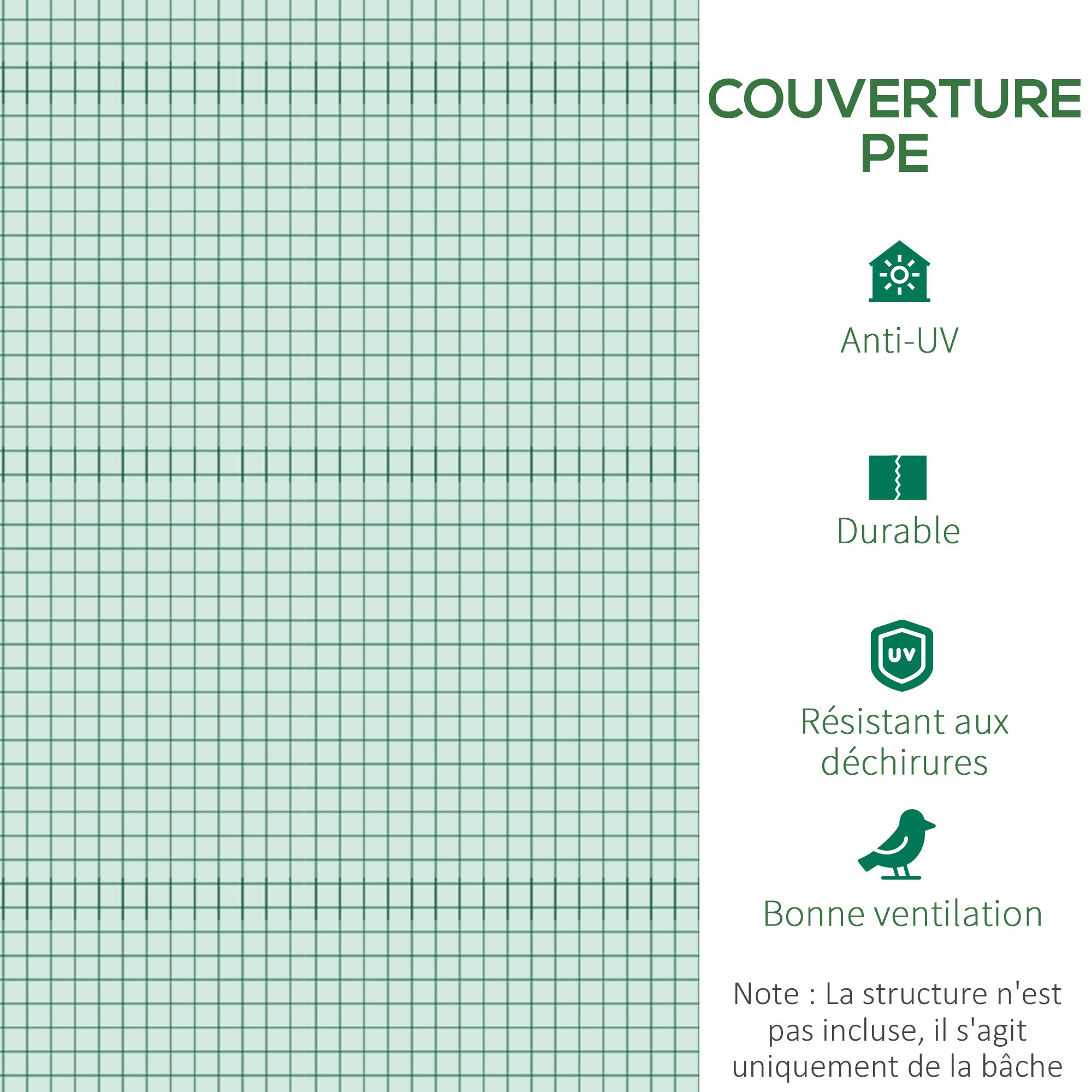 Bâche de Rechange Serre Tunnel 6 m², bâche 3 x 2 x 2 m PE Anti-UV imperméable 6 fenêtres + Porte Enroulable zippée Vert - 8