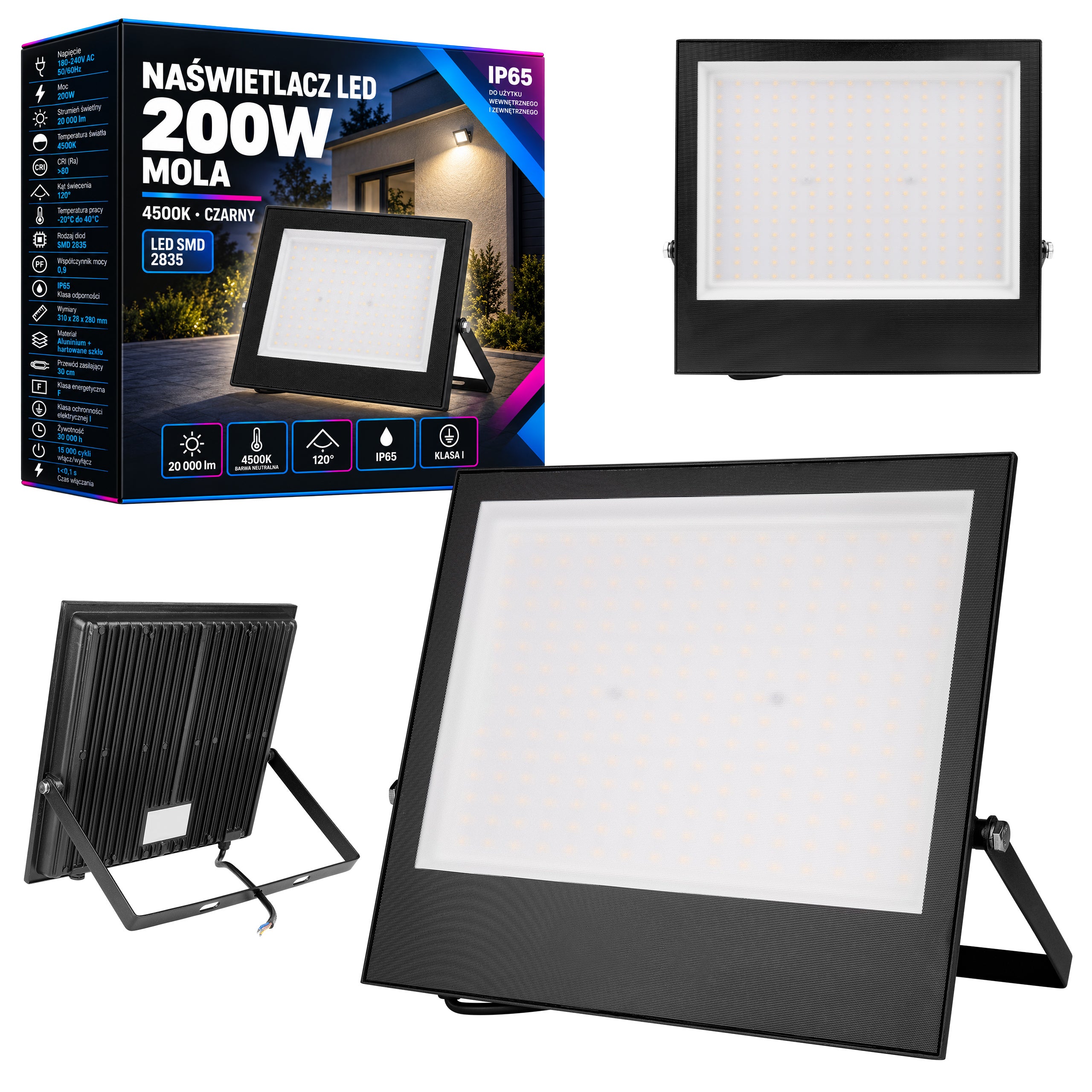 Naświetlacz LED Mola 200W IP65 neutralna biel 4500K 20000lm lampa halogen czarny XUDO