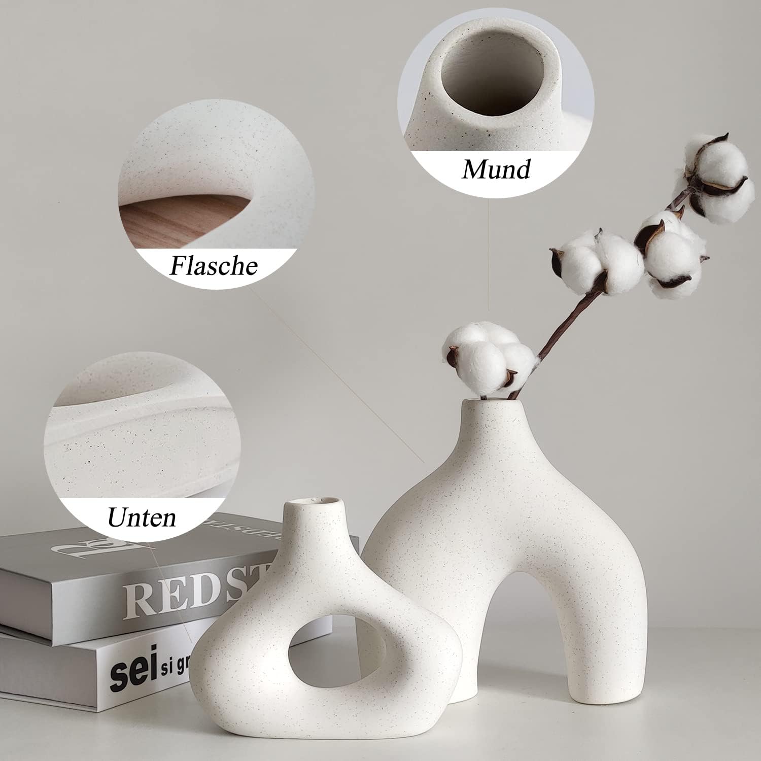 Juego de 2 jarrones de cerámica blanca, decoración moderna de estilo minimalista, jarrones perfectos para salón, boda, oficina y dormitorio. - 5