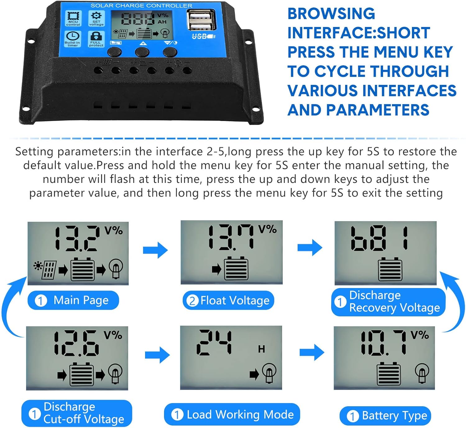 Controlador de célula solar 12V/24V, controlador de carga de painel solar, regulador de tensão com display LCD ajustável, temporizador, (10A) - 4