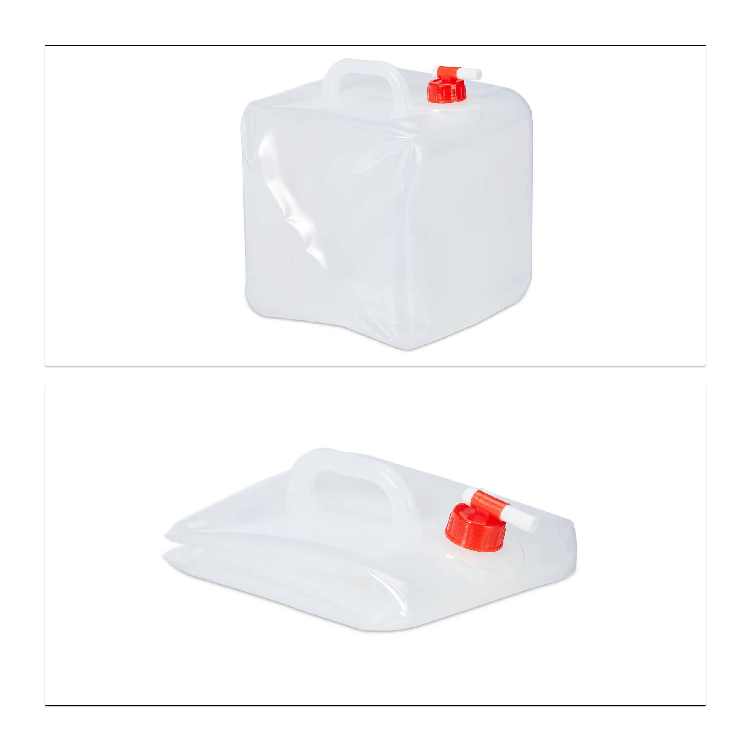 Conjunto de 4 garrafas dobráveis, 20 l, torneira, tampa, pega, água camping, BPA livre, transparente/vermelho, Relaxdays - 7