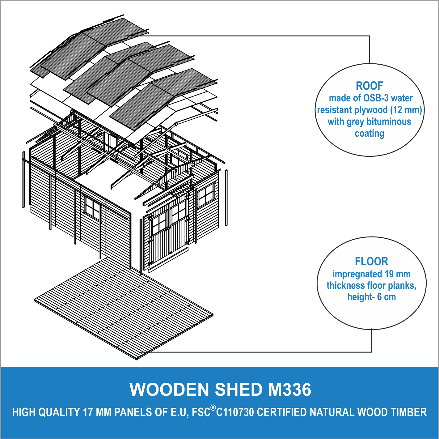 Cobertizo de madera para jardín CON SUELO TRATADO - 324x416cm/12m2 Cobertizo de madera natural - Taller de Jardín - TIMBELA M336+M336G - 6