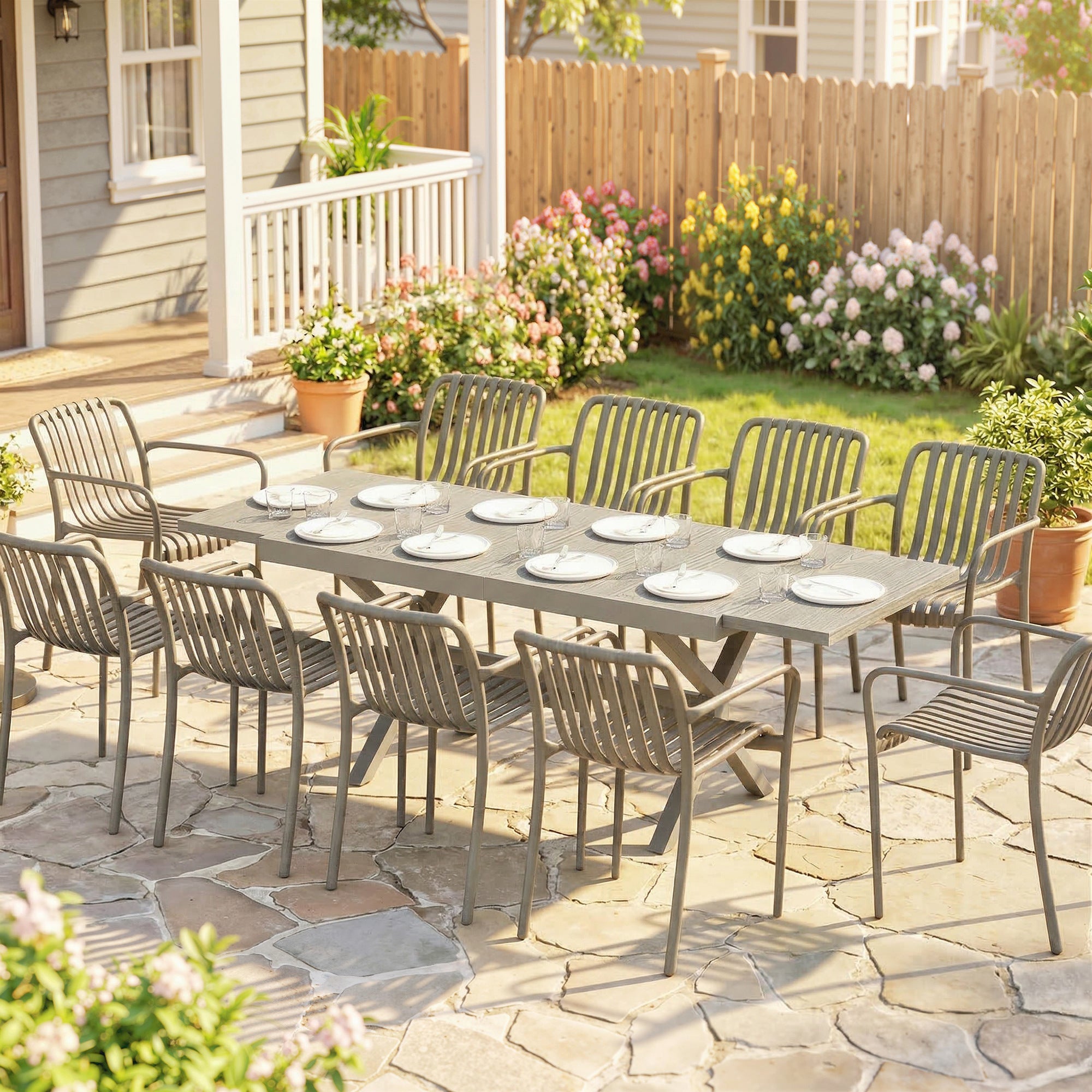 Table de jardin extensible pour 8 à 10 personnes, aluminium et acier - gris - 154/214x85x73 cm - 4