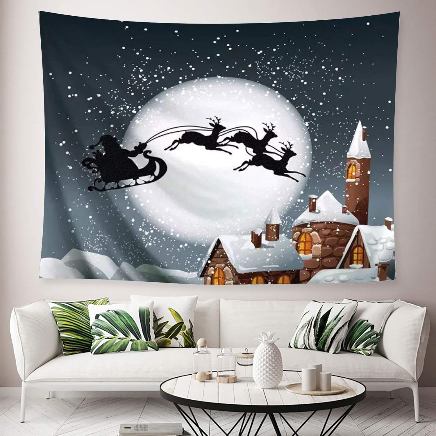 1 szt. 200x150 cm, gobelin świąteczny z motywem księżycowego domku, dekoracja ścienna z motywem księżycowego domku i płatków śniegu, do salonu, sypial