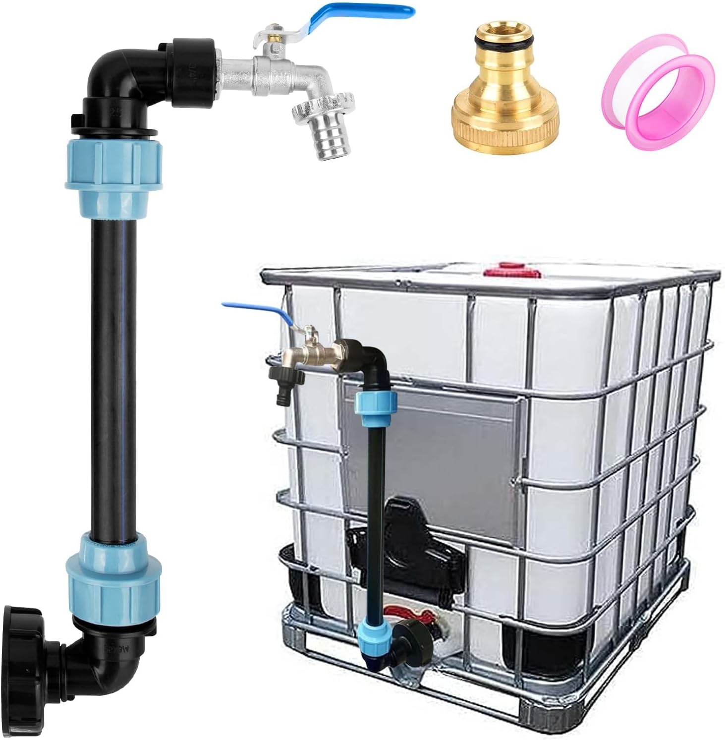 Adapter IBC z łabędzią szyją z mosiądzu - S60 x 6 - Zawór odcinający 3/4" - Do zbiornika na wodę deszczową 1000 l - Akcesorium do zbiornika na wodę