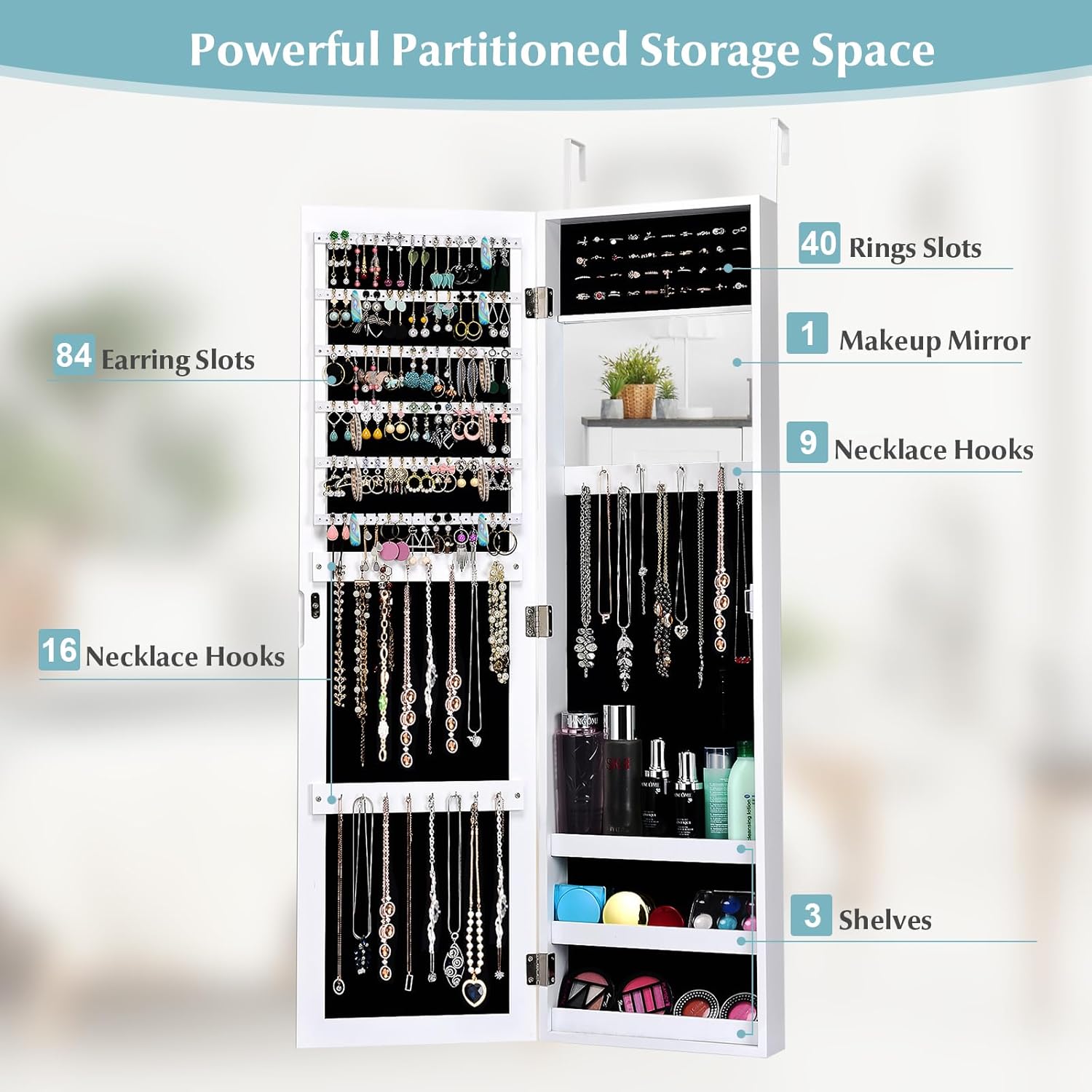 Armoire a Bijoux Mural avec Miroir et 3 Niveaux d’Etagere,Armoire de Rangement Accrochee a la Porte avec Divers Compartiments - 2
