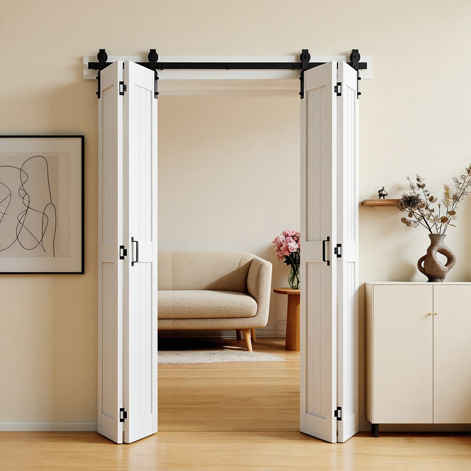 Puerta corredera interior vevor de 182,9 x 213,4 cm para dormitorio, salón y armario. incluye herrajes. compacta, paneles premontados. color blanco