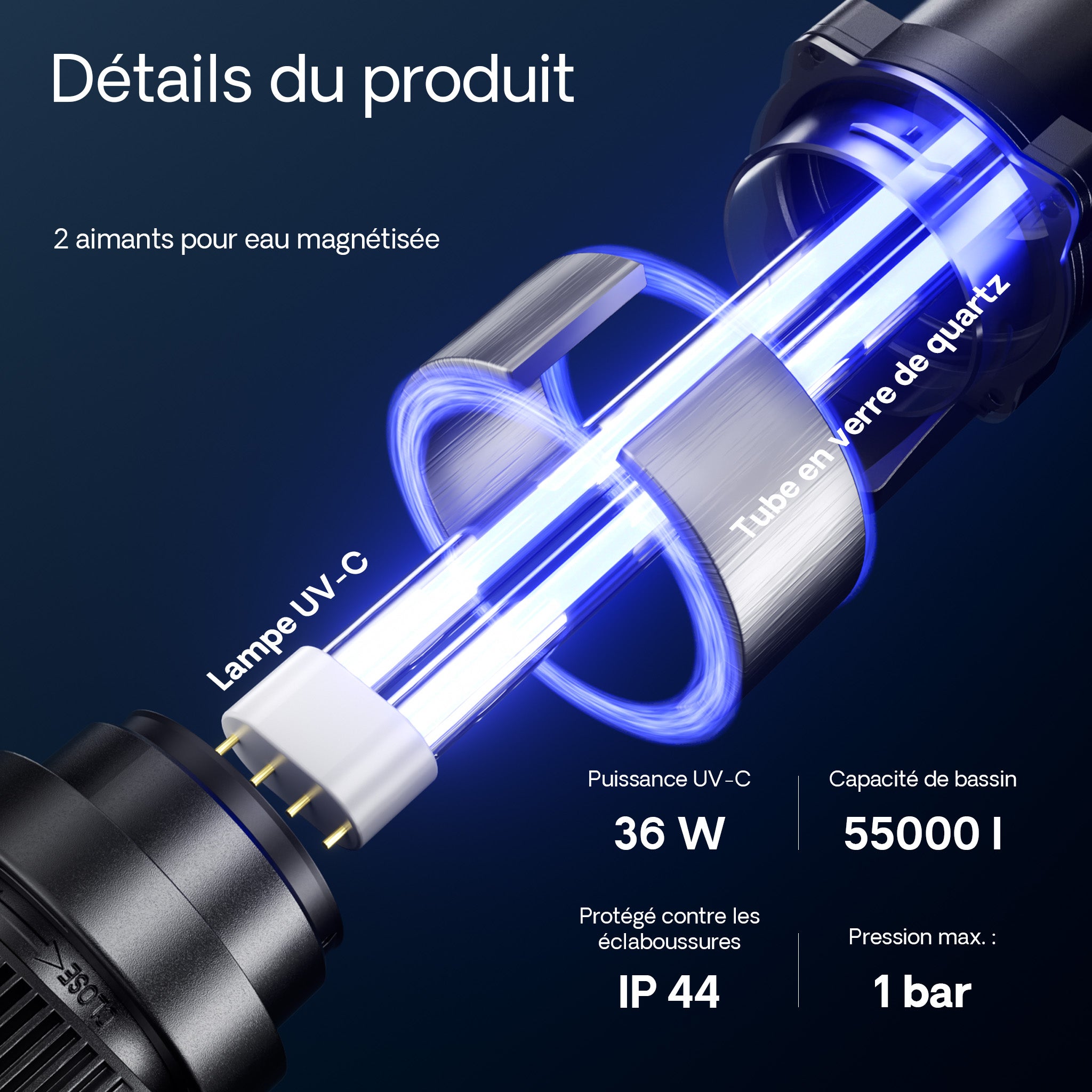 CUV-636 Stérilisateur Clarificateur bassins/étang - débit max. 7000 l/h - avec Lampe rayons UV-C 36 W + Miroir inox + Aimants - pour… SunSun - 5