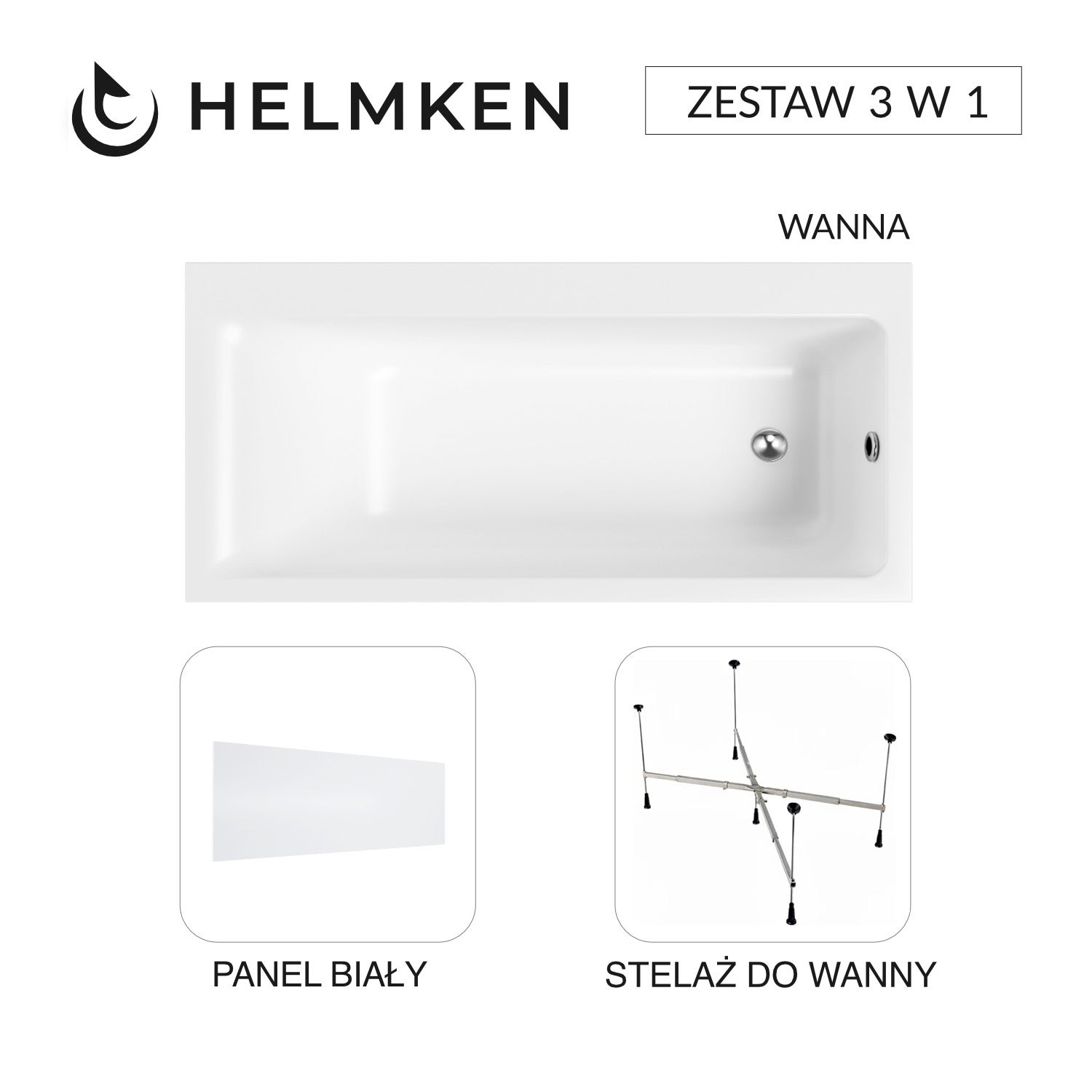 Wanna akrylowa Helmken Seraphina 160x80 PRAWA + Panel Biały + Stelaż uniwersalny do wanien Helmken 21230020 / 3512160R-3S