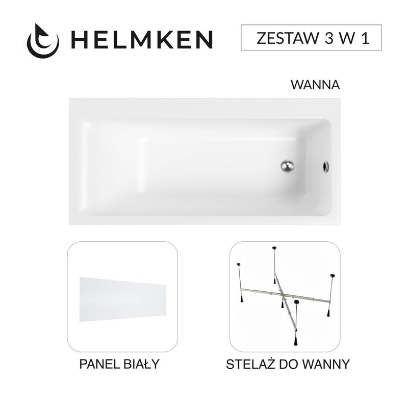 Wanna akrylowa Helmken Seraphina 160x80 PRAWA + Panel Biały + Stelaż uniwersalny do wanien Helmken 21230020 / 3512160R-3S