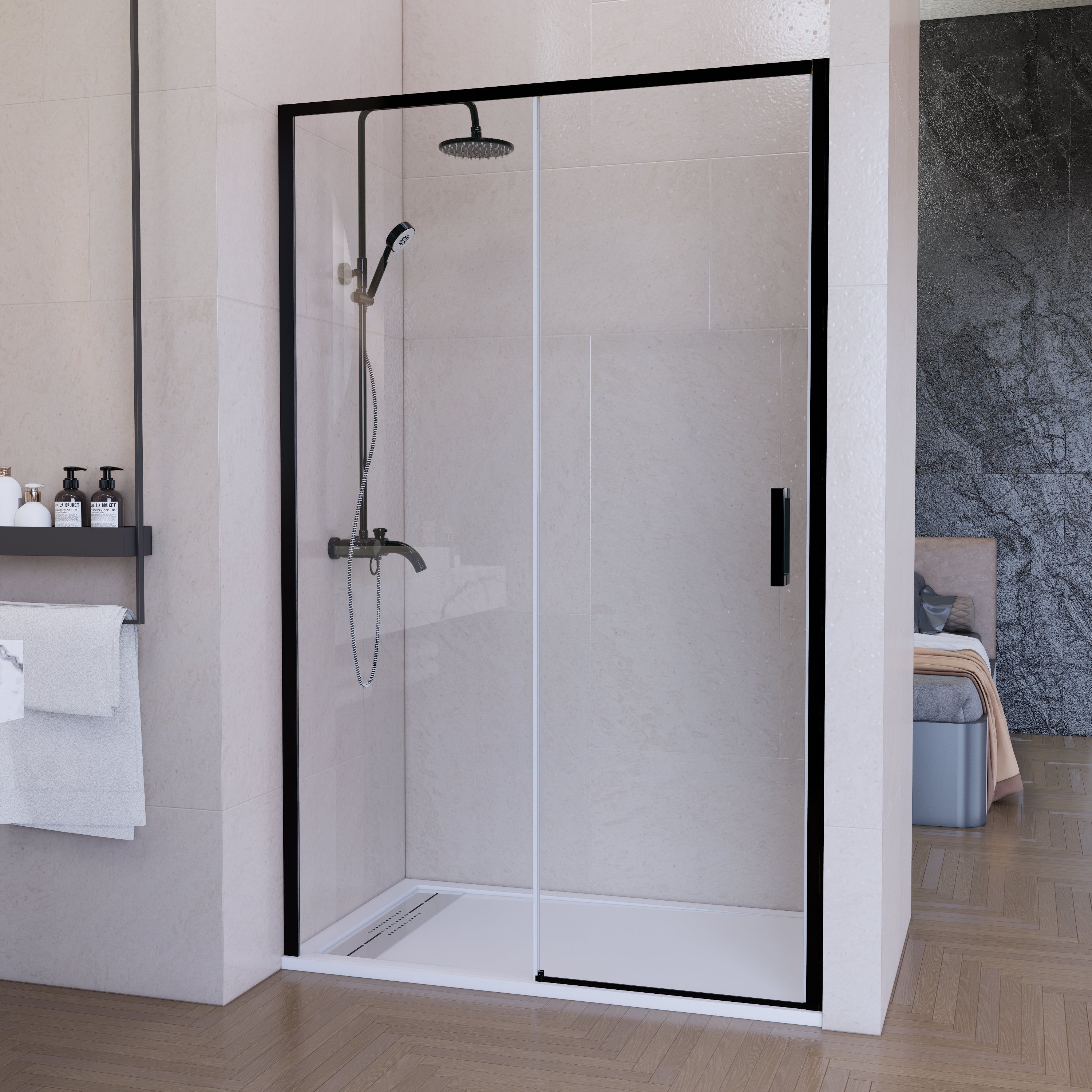 Mampara de ducha frontal corredera 130 cm 1 puerta + 1 fijo Negro mate Cristal transparente 6 mm 195 cm altura - 2