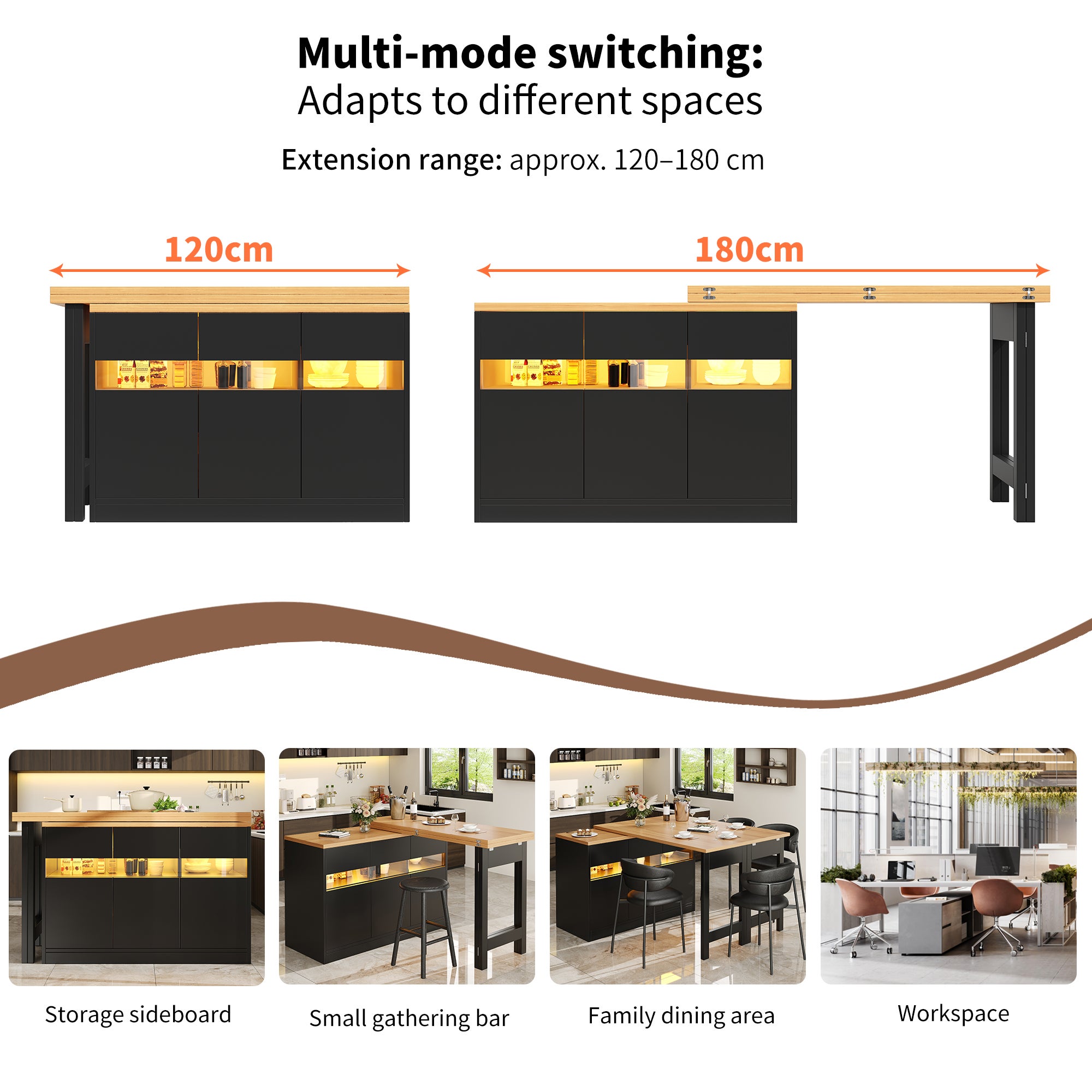 Rozkładany stół jadalny z 3 drzwiami, wyspa kuchenna - 120-180 x 40 x 71,5 cm - diody LED - czarny + naturalny - 5