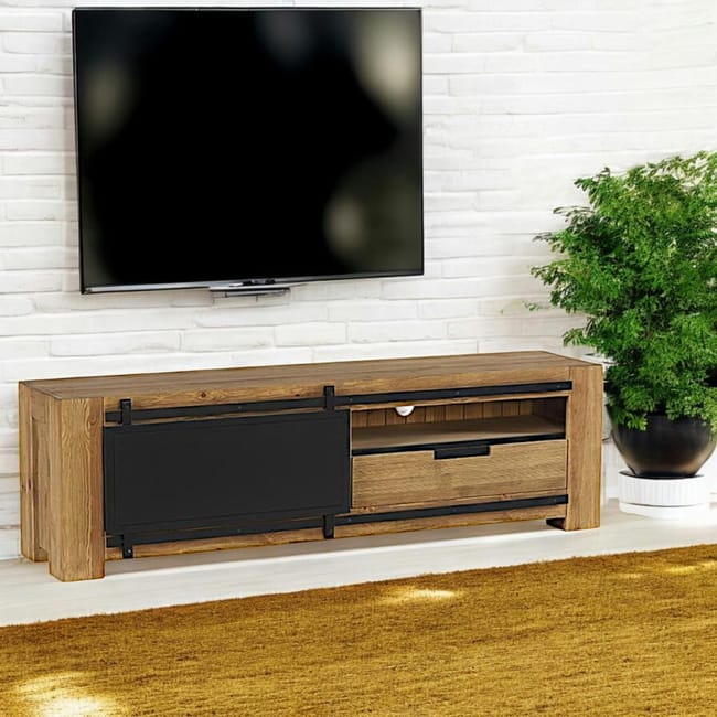 Buffet TV arrondi 4 portes métal gris et bois - Made In Meubles Buffet TV arrondi 4 portes métal gris et bois - Made In Meubles
