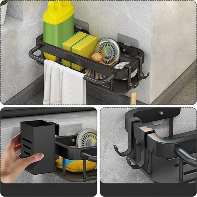 Estante para fregadero de acero inoxidable sin taladrar para cocina, con toallero y portacubiertos, 30 x 13,5 x 6 cm, capacidad de carga de 20 kg - 4