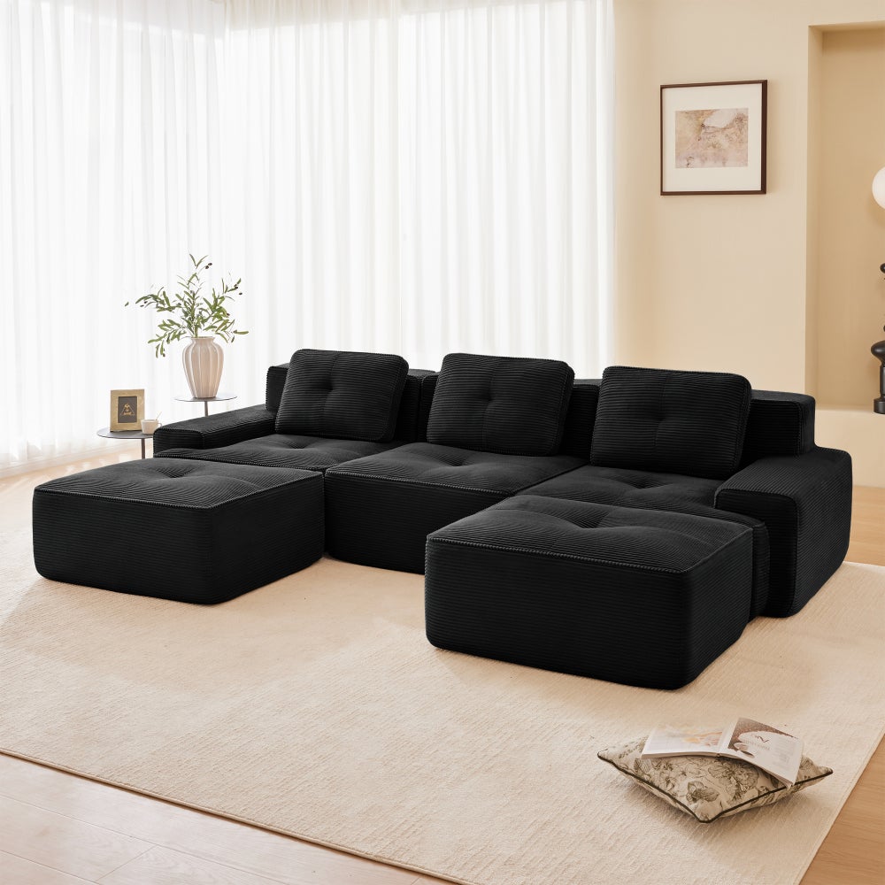 Sofa modułowa w kształcie litery U, sztruks, z pufem, 3-osobowa, czarna