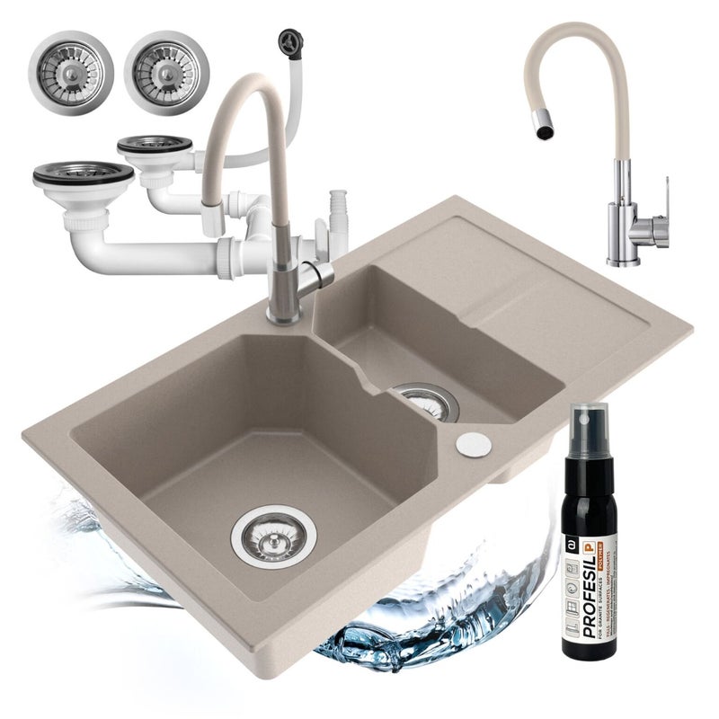 Zlewozmywak półtorakomorowy z ociekaczem Kenzo beżowy w zestawie z syfonem przyściennym i baterią elastyczną Ruben