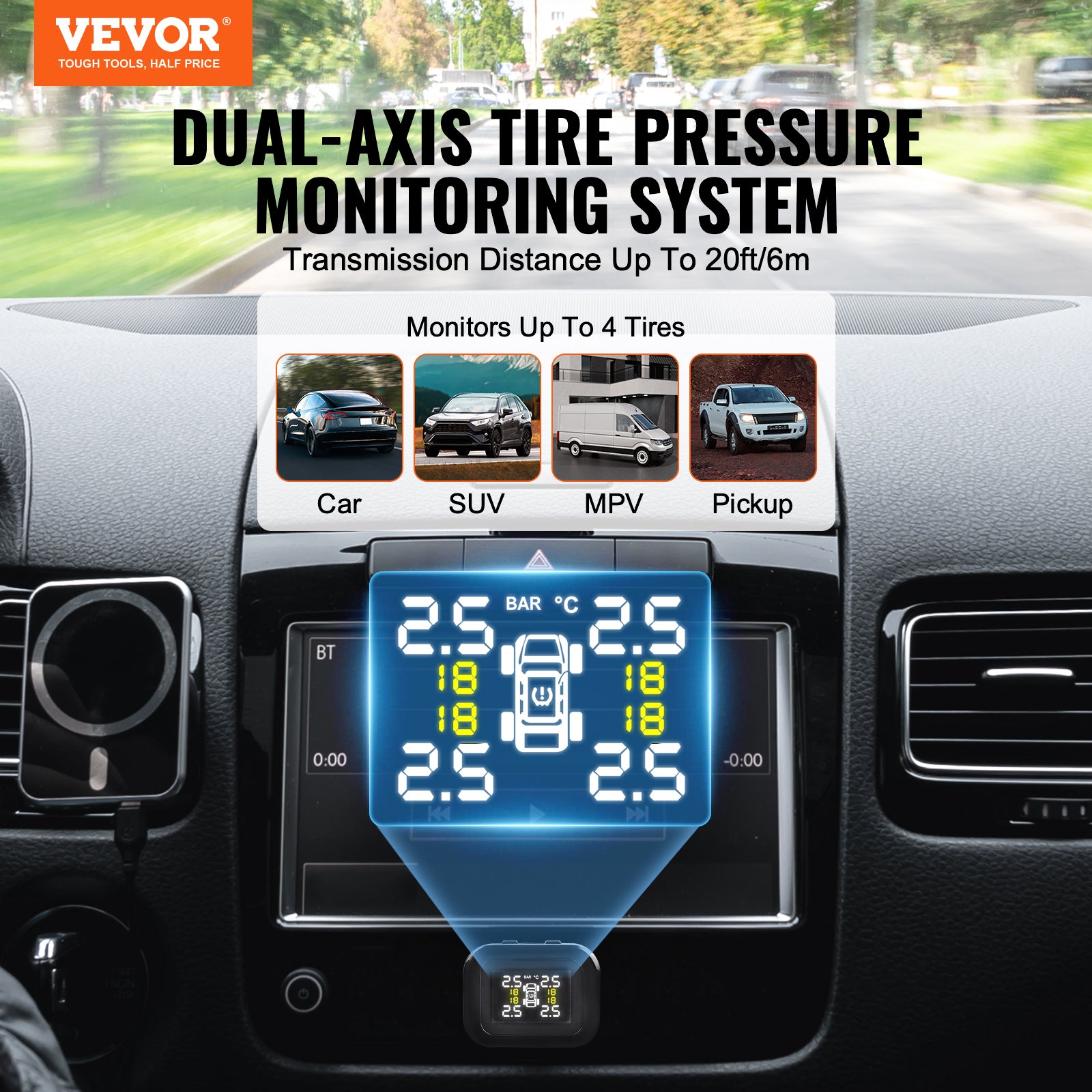 TPMS Shkalacar Monitor Pressione Pneumatici - Wireless, Solare/USB, 4 Sensori, Allarmi, Display LCD - Foto 9