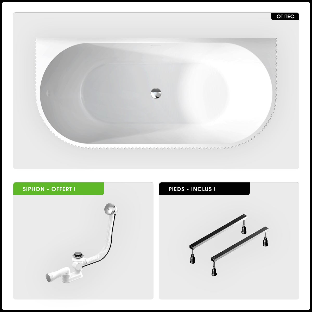 Baignoire semi îlot - 150 x 75 cm - avec Siphon Chrome - Pieds - INCLUS - LEYA - 2