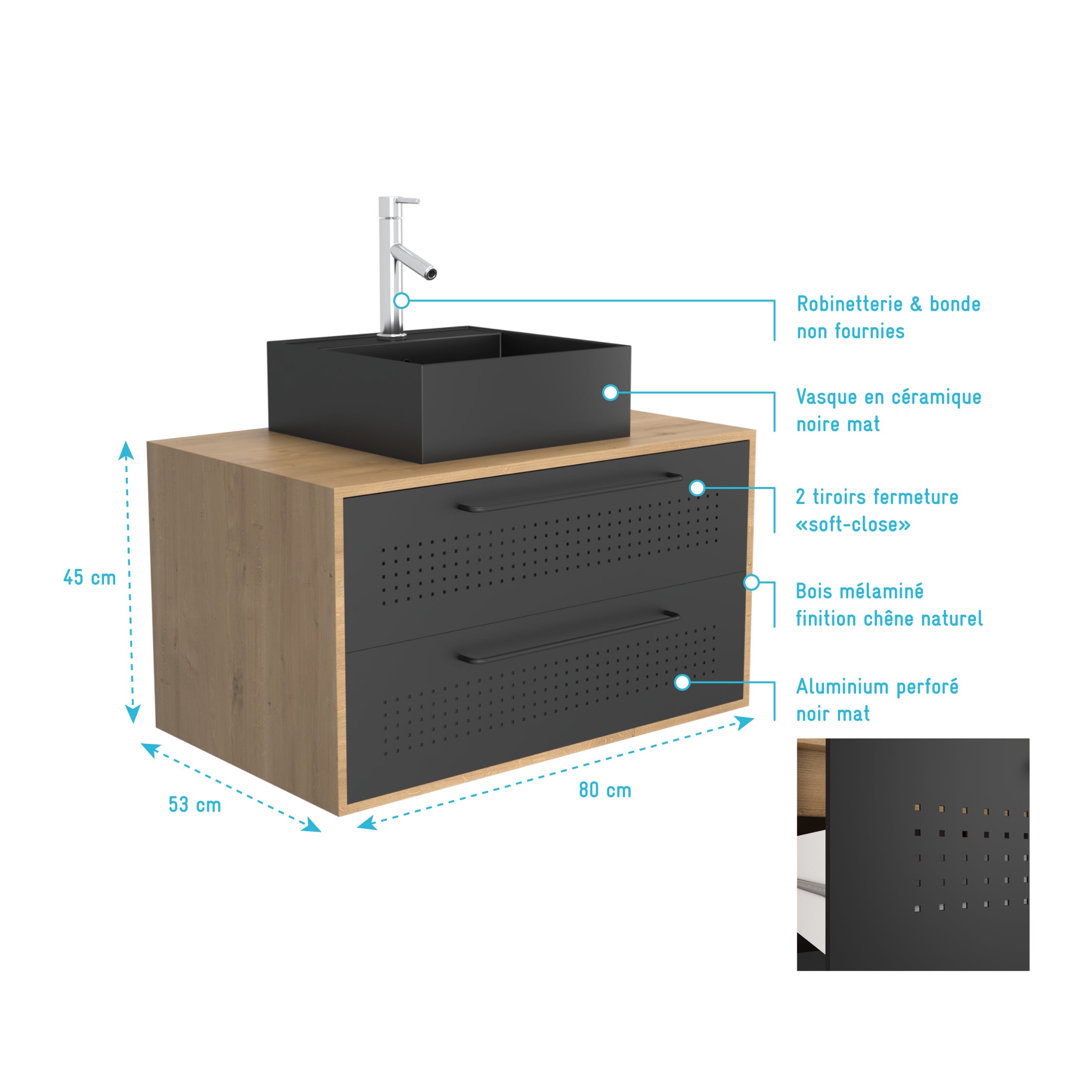 Meuble de Salle de Bains 80 cm avec Vasque Carrée - Finition Chêne naturel et Noir Mat - UBY - 4