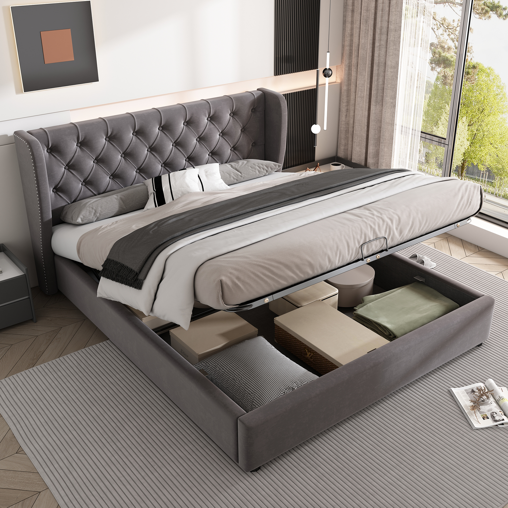 Lit Coffre 140x200 cm,Lit Double Velours avec Coffre Intégré, Style ...
