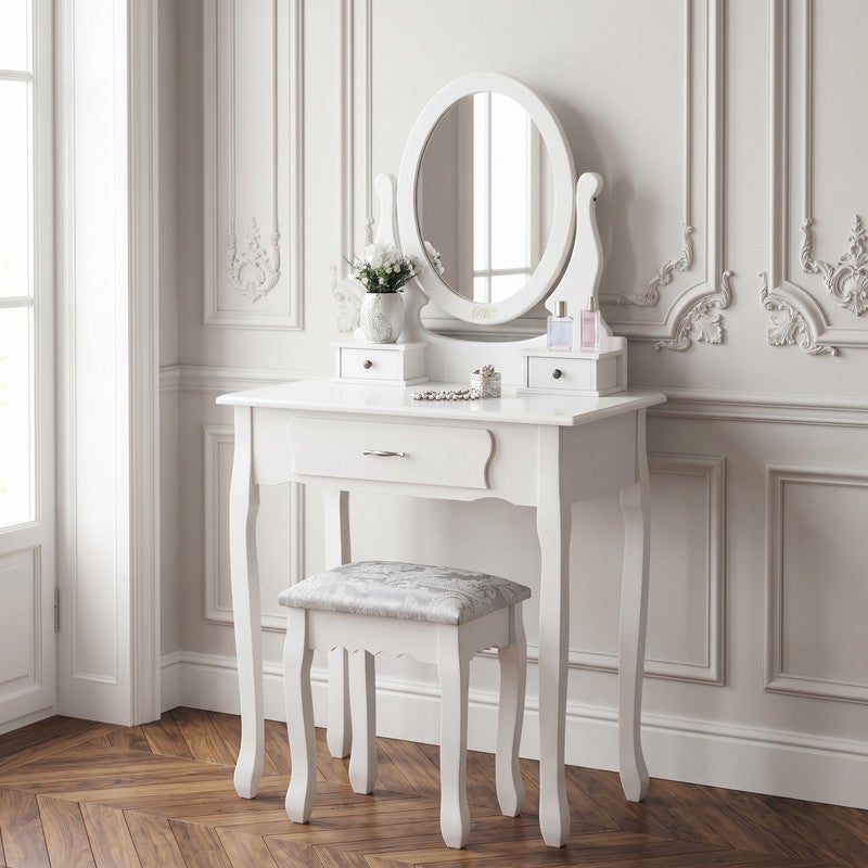 Coiffeuse Blanche avec Miroir Rotatif, Tabouret et 3 Tiroirs, Adaptée à la Chambre, 75*40*136cm, Bureau Cosmétique - 2