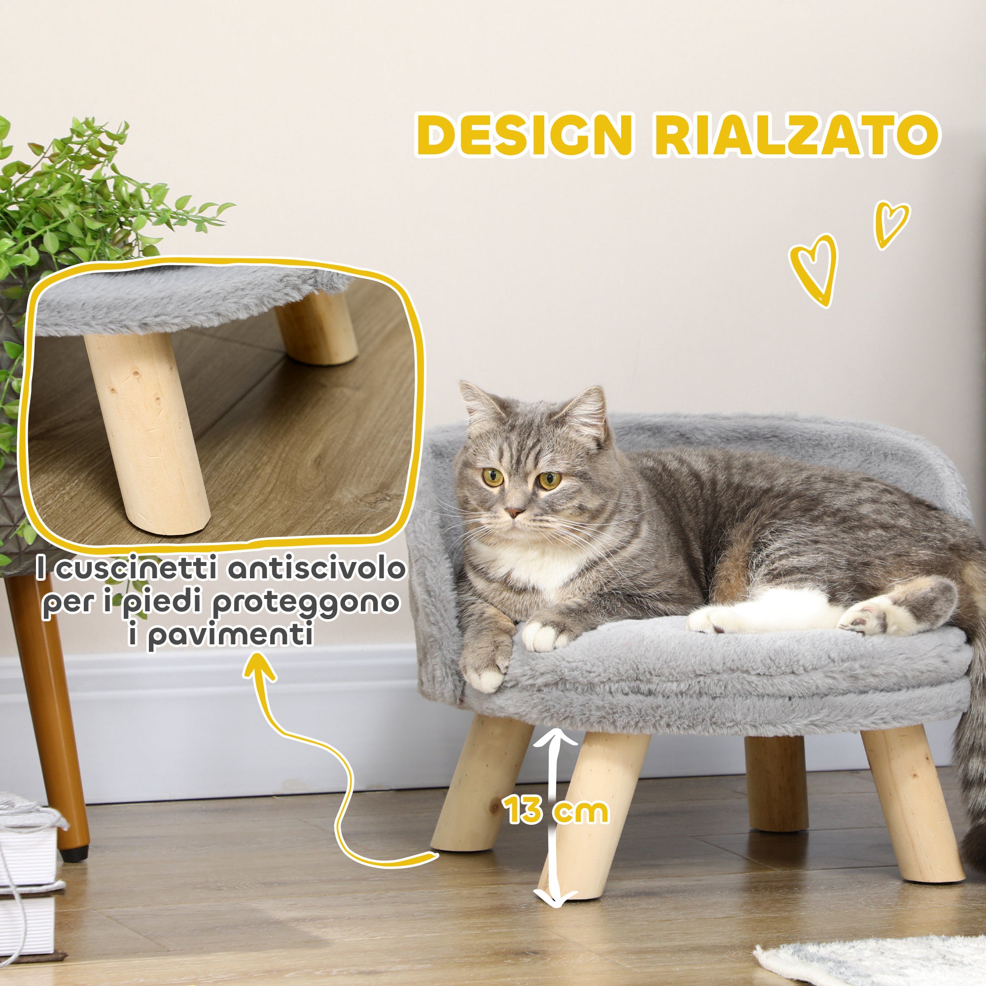 PawHut Divano per Gatti e Cani Rotondo in Peluche e Legno con Cuscino Extra, Ø40.5x33 cm, Grigio - 6