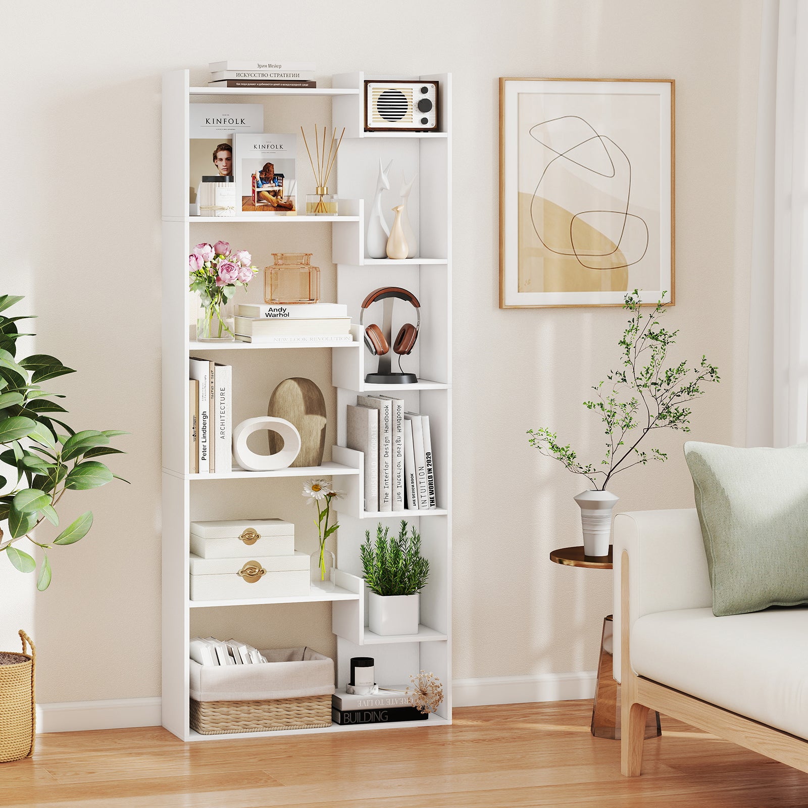 Bibliothèque 6 Niveaux 69 x 22 x 163 cm avec 2 Kits Anti-bascule, 11 Étagères Ouvertes, Patins Pratiques, Style Moderne pour Bureau, Salon, - 6