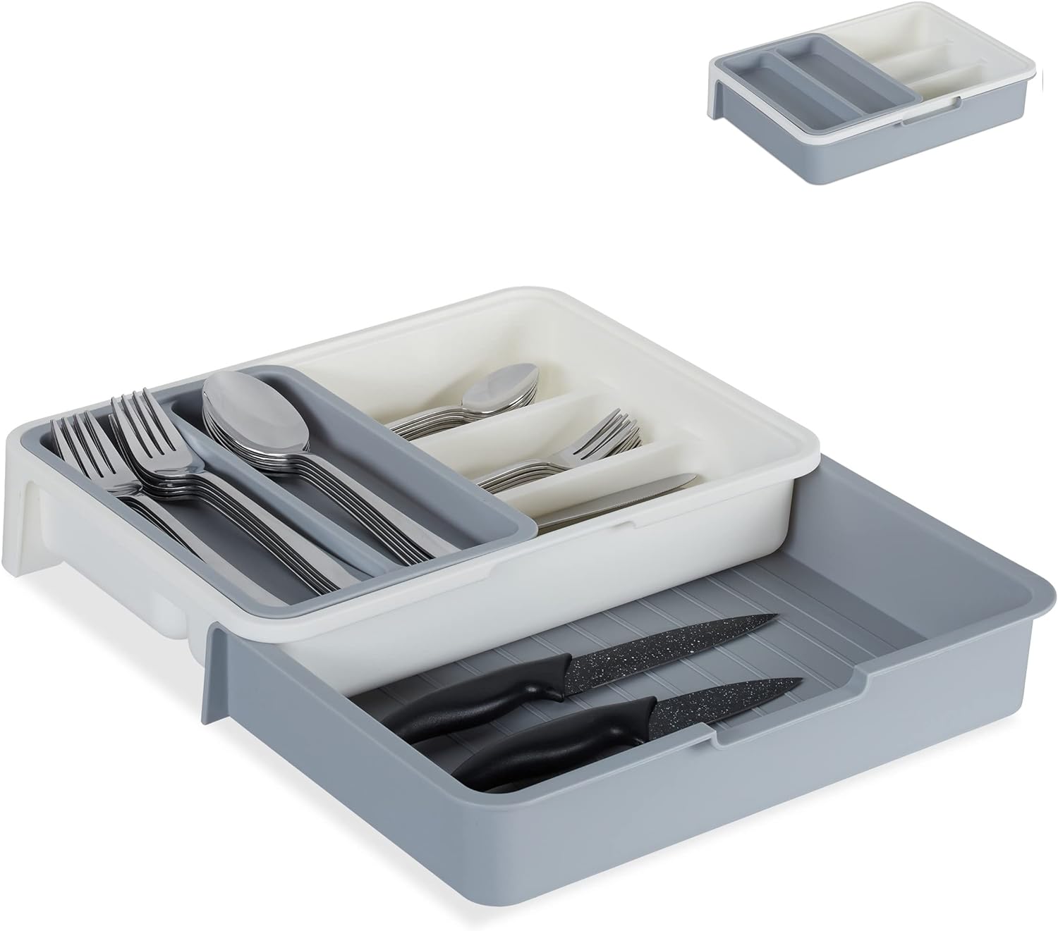 Przegródki na sztućce, 7 przegródek, wys. x szer. x głęb. 6 x 23,5 x 31,5 cm, szary, rozsuwany organizer na sztućce i przybory kuchenne, plastik