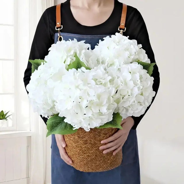 8 hortensias artificiels blancs, fleurs blanches réalistes avec feuilles, idéal pour la décoration extérieure et les compositions de fêtes
