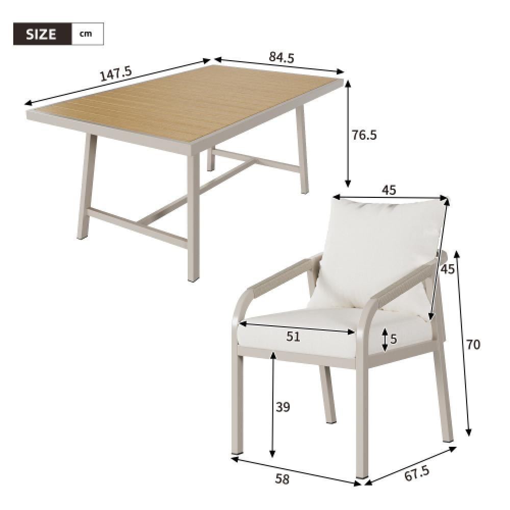 Ensemble repas de jardin 6 personnes avec table et chaises, acier galvanisé, plateau WPC résistant, design tressé moderne - 2