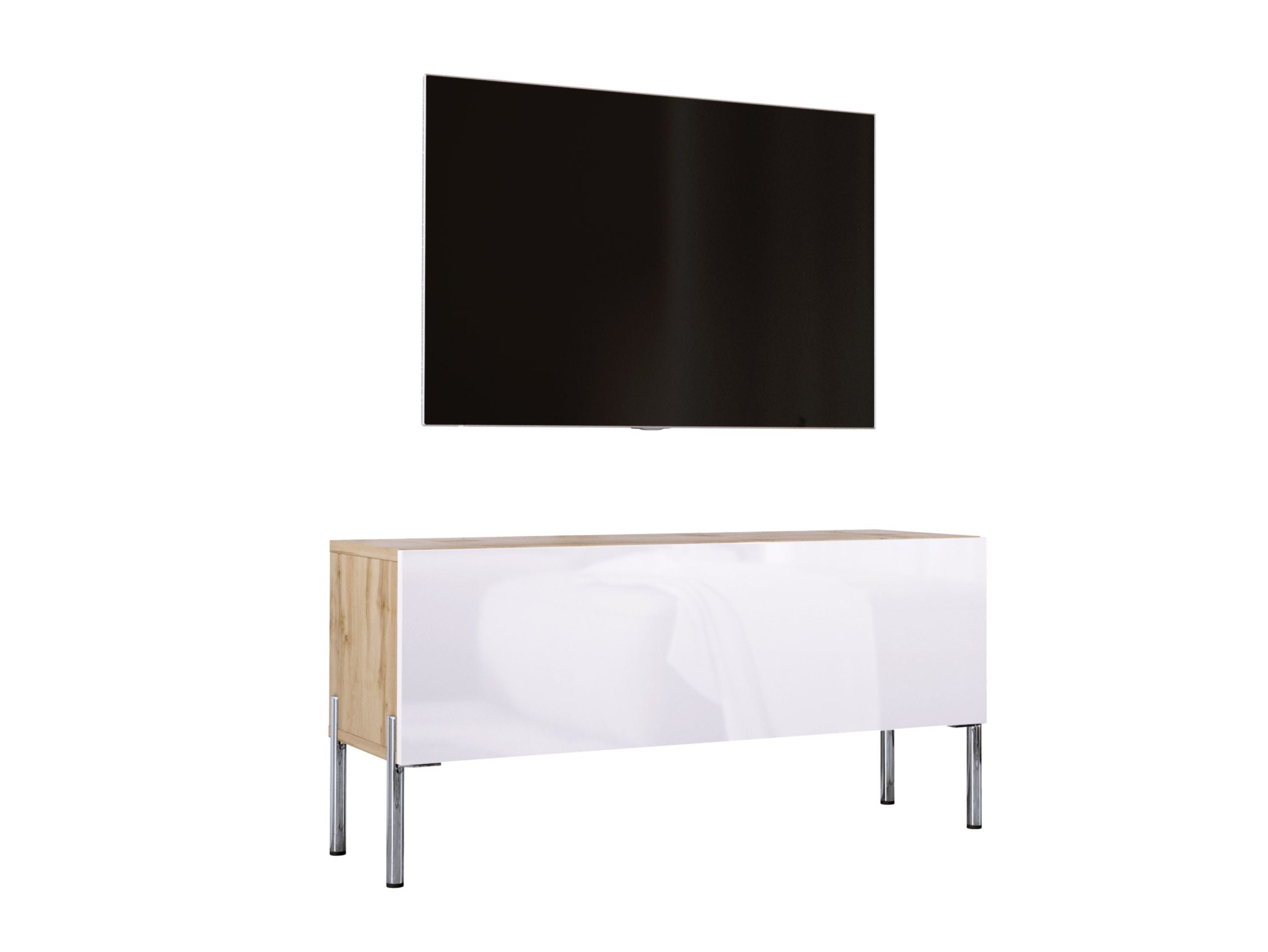 Szafka RTV : Dąb Wotan / Biały Połysk, nogi chrom, 100 x 32 x 52 cm
