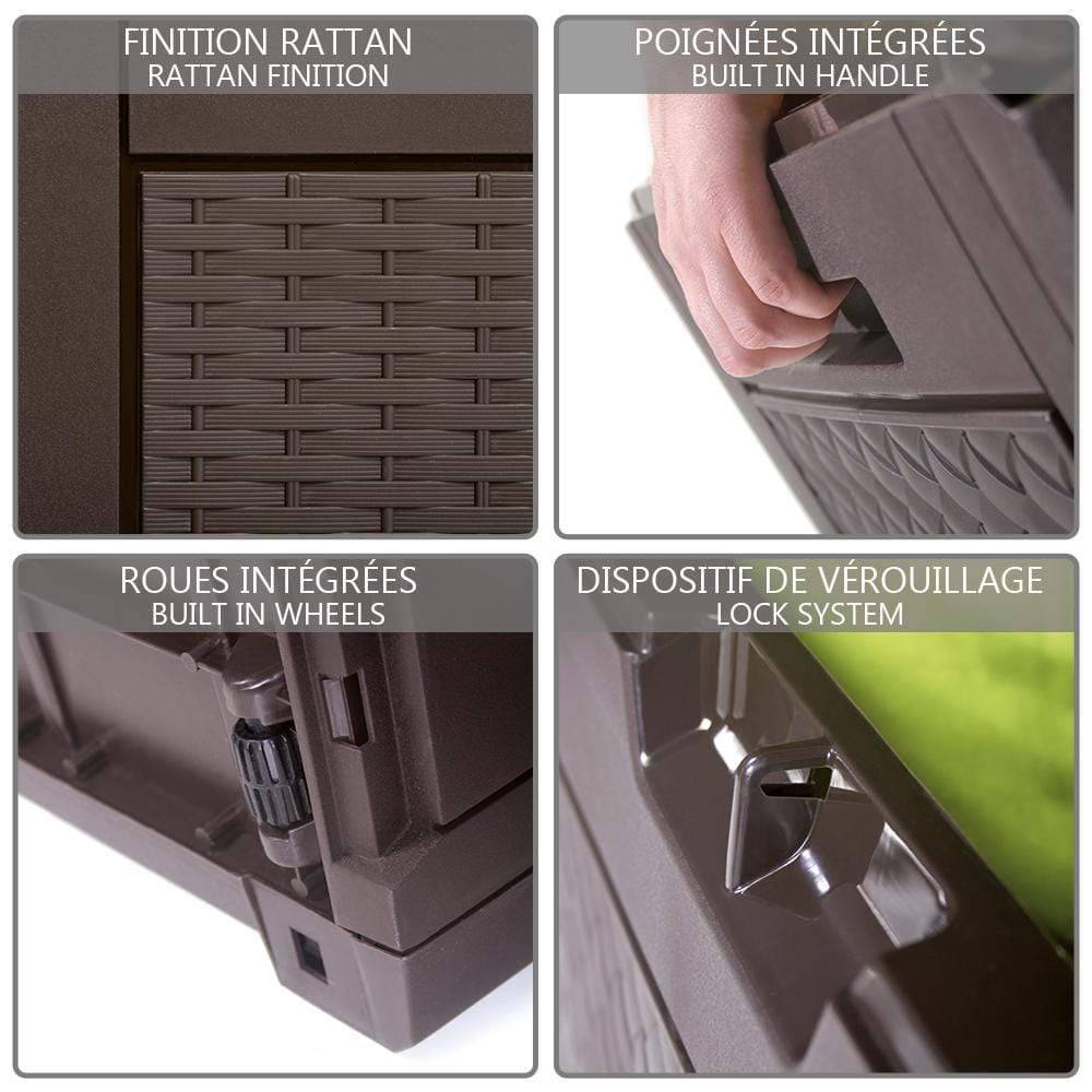 Coffre de Jardin avec Poignées et Roues 310L - Malle de Rangement Extérieur en PP - 119x48x60cm - Style Polyrotin Marron - VOUNOT® - 3