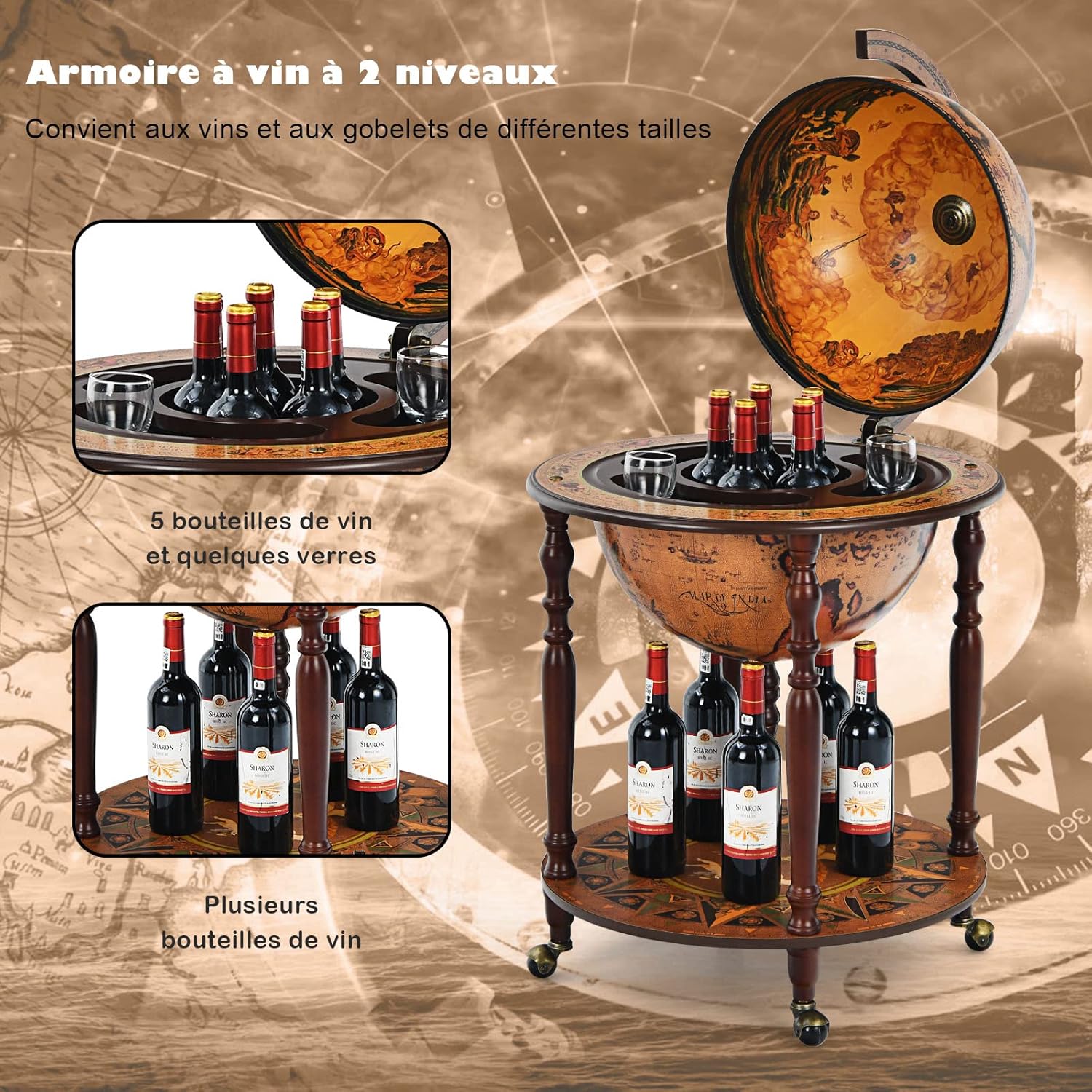 Bar Globe Terrestre Mappemonde a Vin en Bois Rack,Cabinet Globe Italien du 16e Siecle avec 4 Pieds,Porte-Bouteille Mini Bar, (Marron) - 6