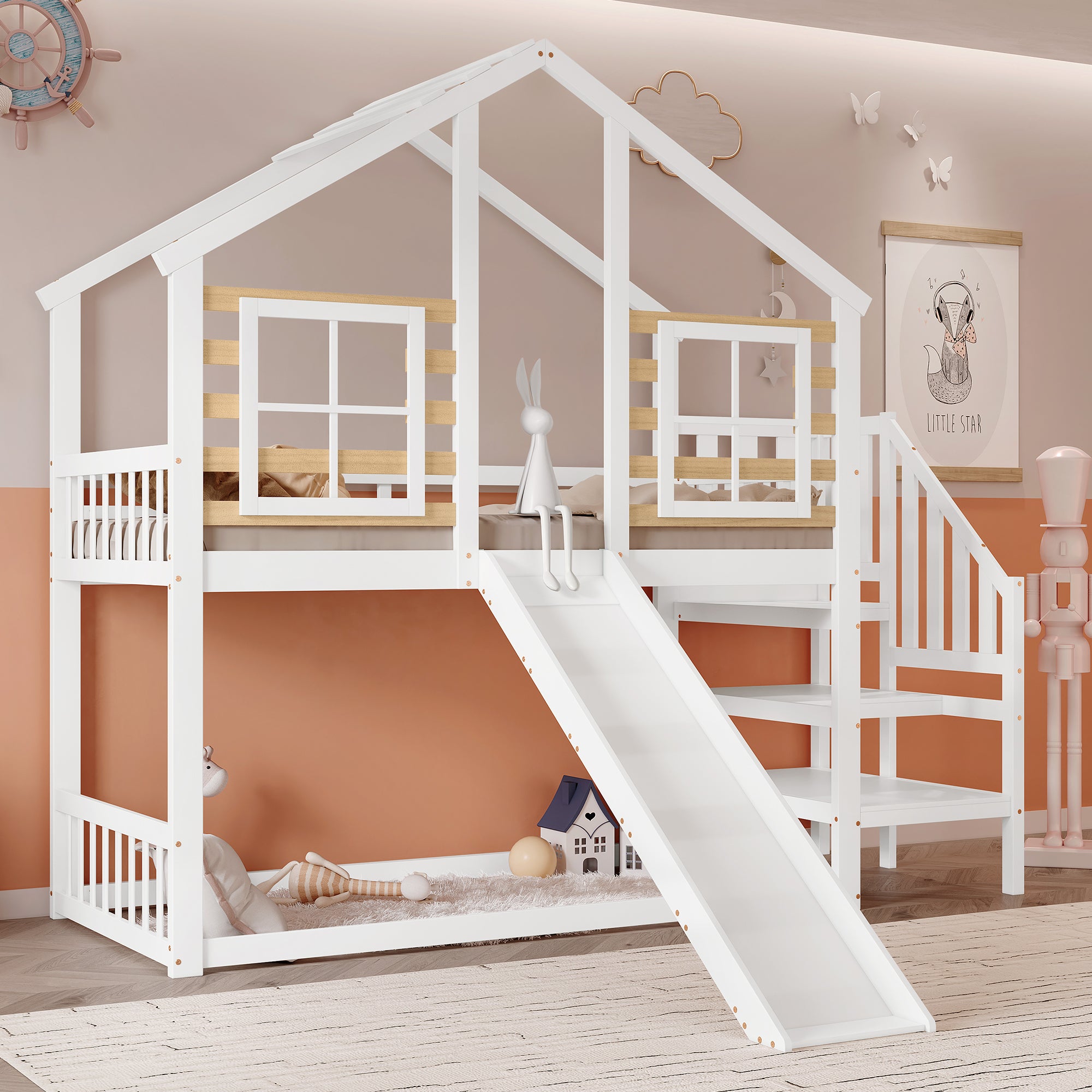 Lit superposés 2 x 90 x 200 cm avec escalier et toboggan - Bois massif et MDF - Blanc (sans matelas) - 2