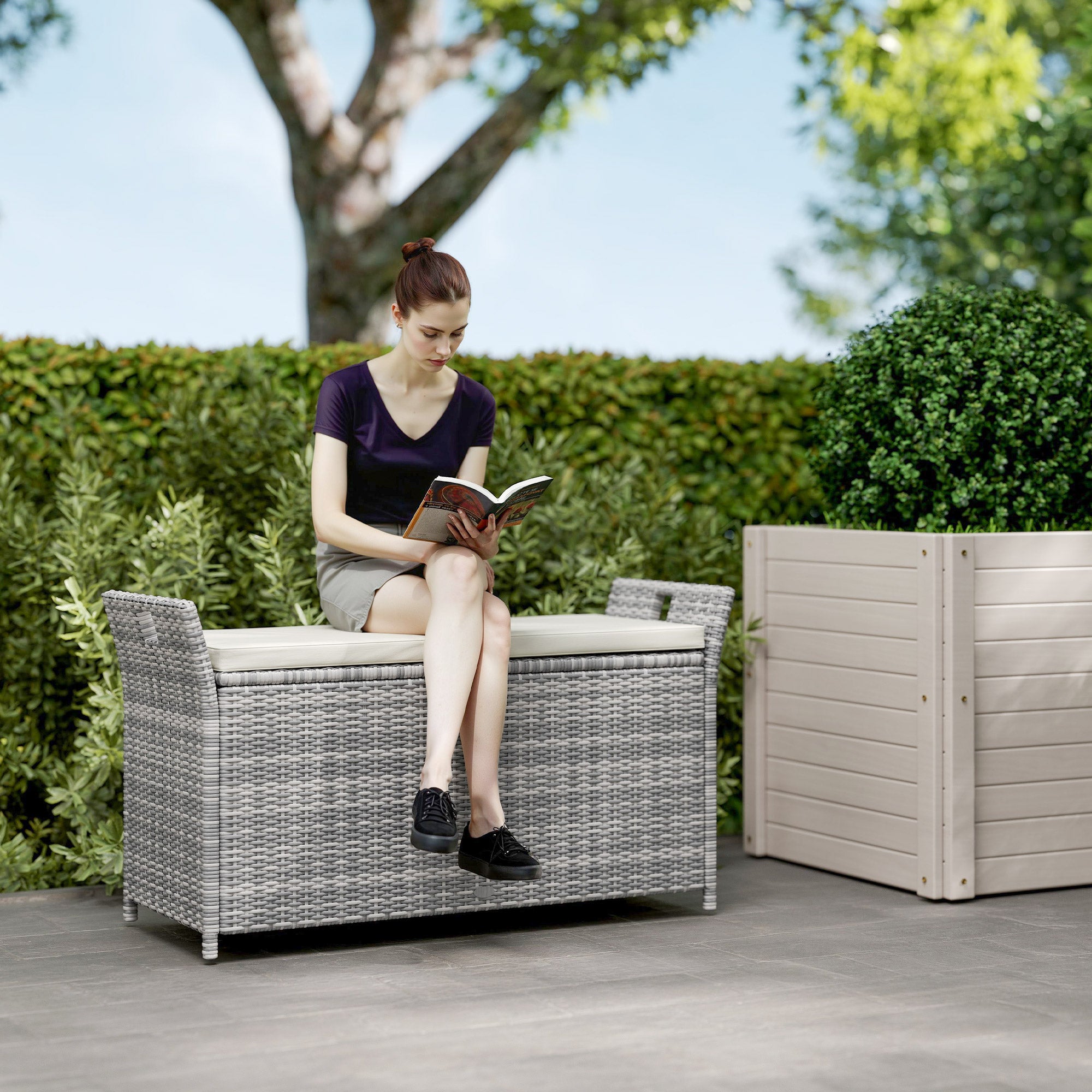 Banc coffre de rangement extérieur en résine tressée 250L avec coussin amovible,pour jardin,balcon,blanc - 4