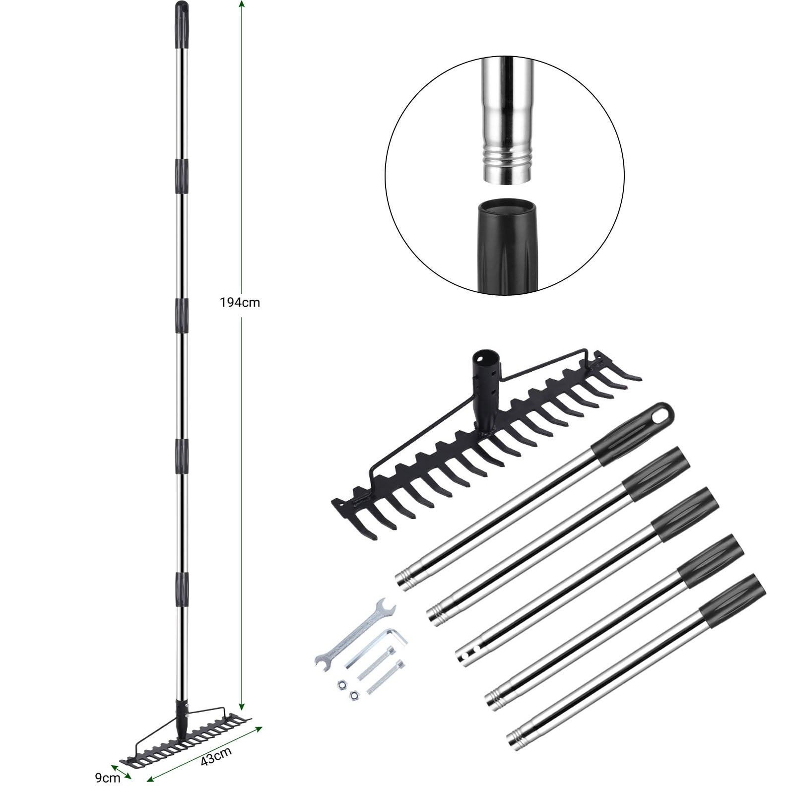 Rastrillo De Jardín De Metal Largo - 12 Dientes, Mango 189 Cm, Para Hojas, Nivelar Suelo, Césped Y Agricultura