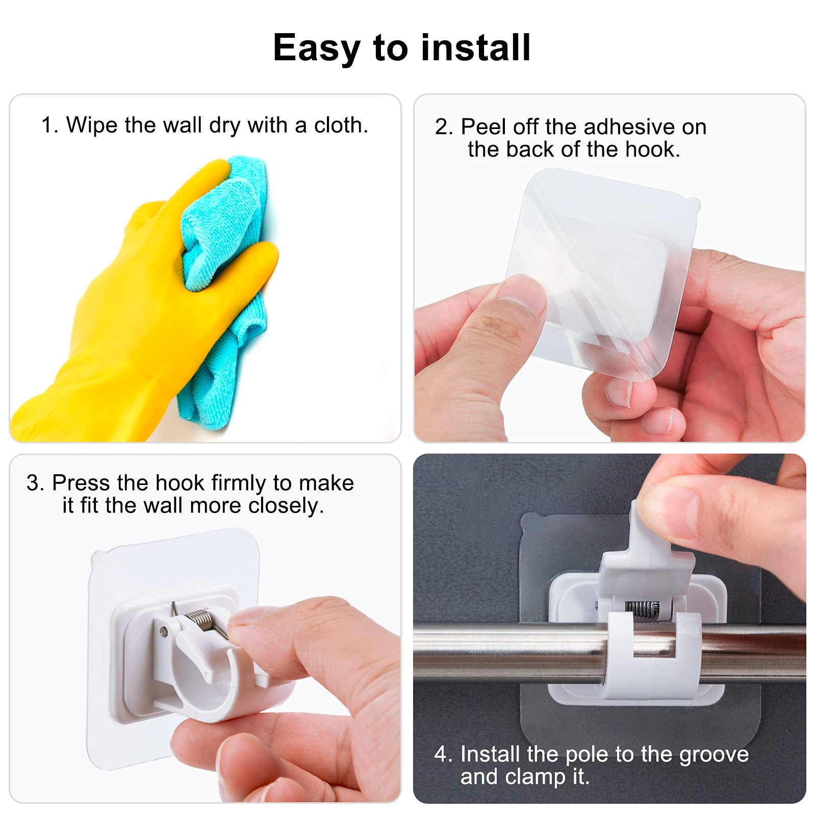 Lot de 4 supports de tringle à rideaux auto-adhésifs, sans perçage, fixation murale pour tringle à rideau, crochet pour porte-serviettes (blanc) - 4