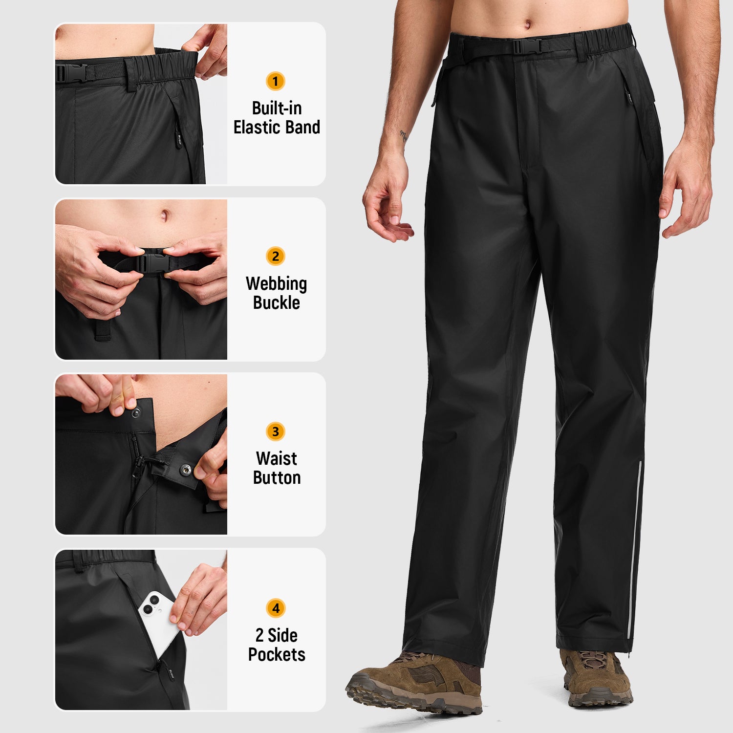 Pantalon de Travail de Pluie Imperméable BUBW Homme Taille 40, Léger Respirant Anti-Vent, Fermeture Éclair Ajustable, avec Sac de Rangement, L Noir - 3