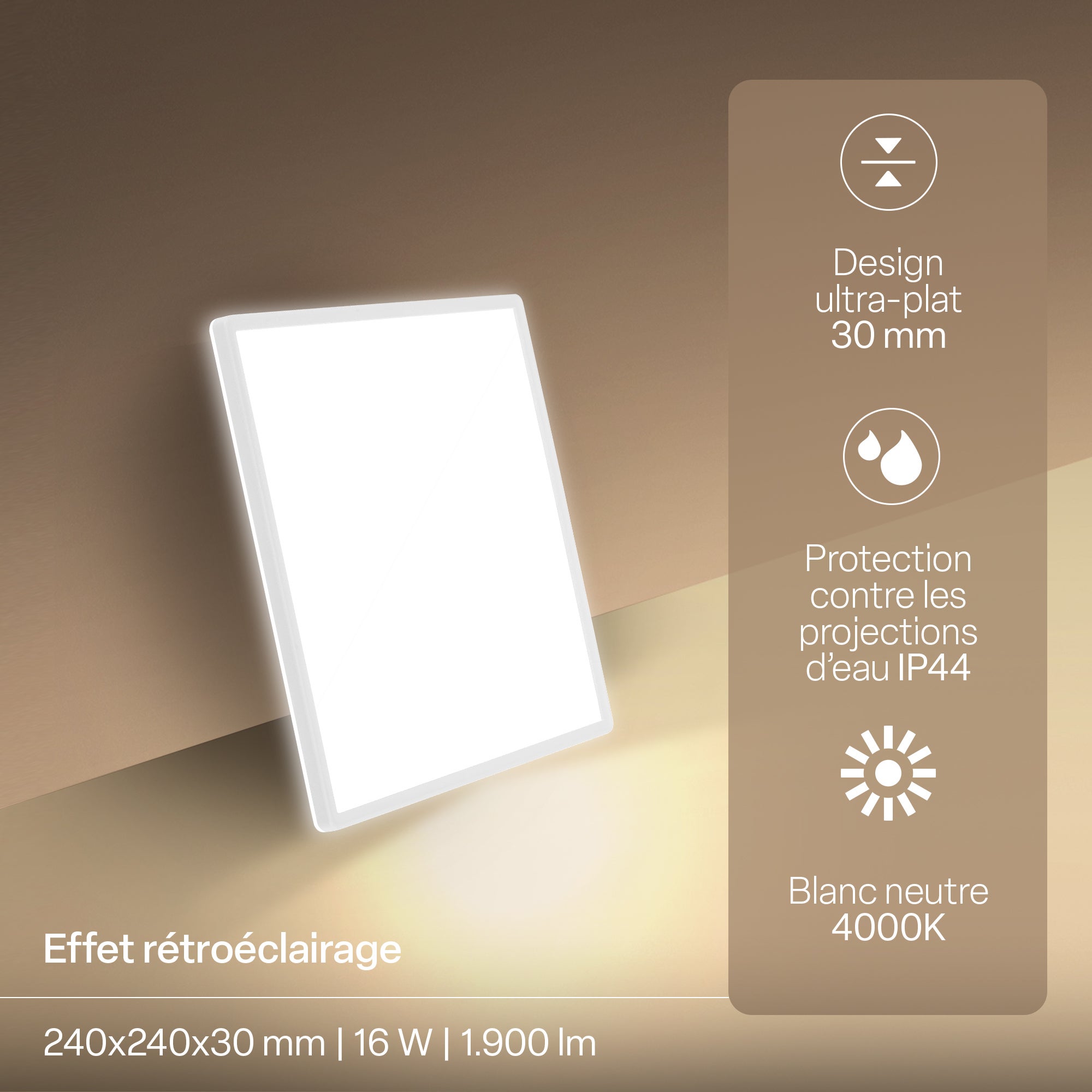 Panneau LED - Plat - Protection contre les projections d'eau IP44 - 24 x 24 cm - Blanc neutre - 16 W 1900 lm - B.K.Licht - 2