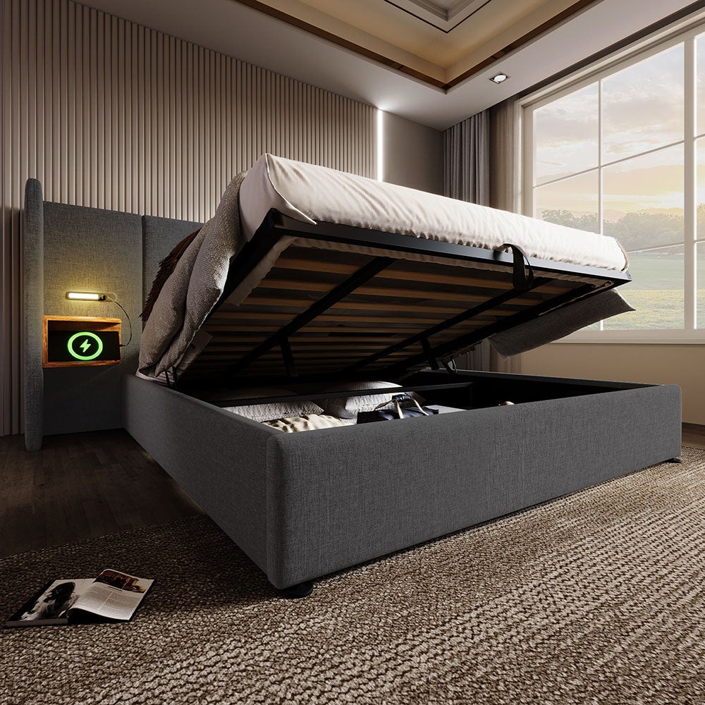 Lit double capitonné (180 x 200) avec tête de lit, liseuse et chargeur USB Type-C, cadre en bois massif et métal, gris, lin (matelas non inclus). - 4