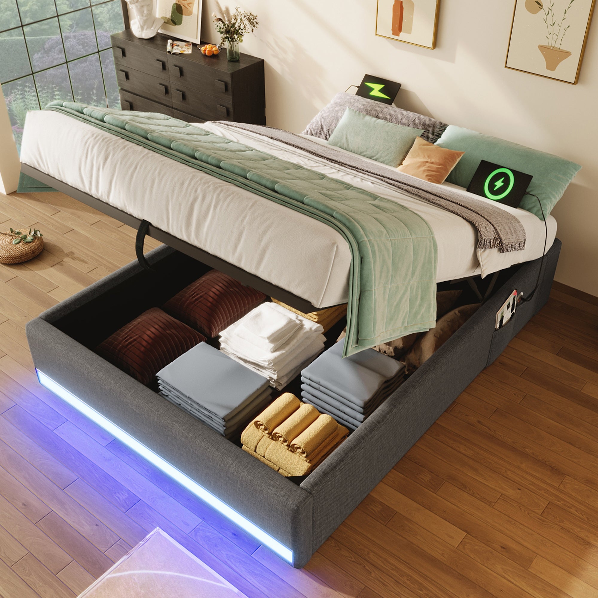 Cama con canapé 90x200 cm sin cabecero - Tejido de lino - LED, USB y ...