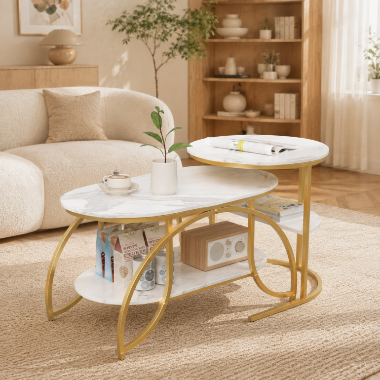 Meuble Table Basse,Table d'appoint, table de canapé 80 x 46 x 51,Table Marbre, Bout de Canapé, Blanc + doré, pour salon, chambre à coucher - 2